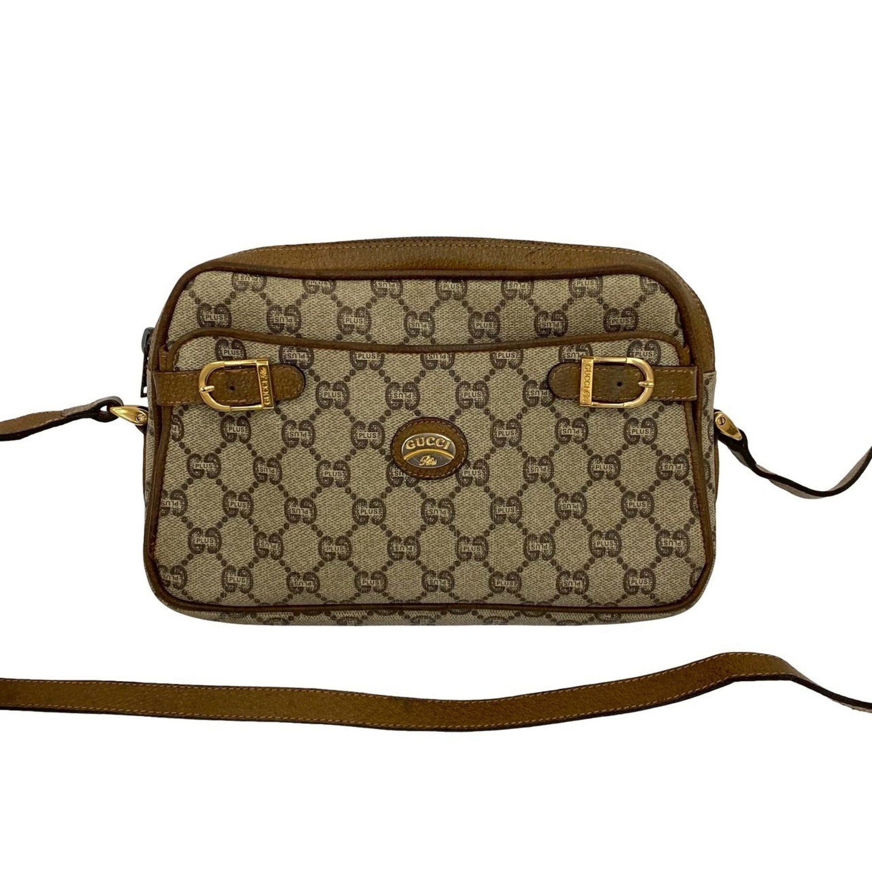 GUCCI Old Gucci Plus Logo Metal Leather Mini Shoulder Bag Pochette Brown 319-1