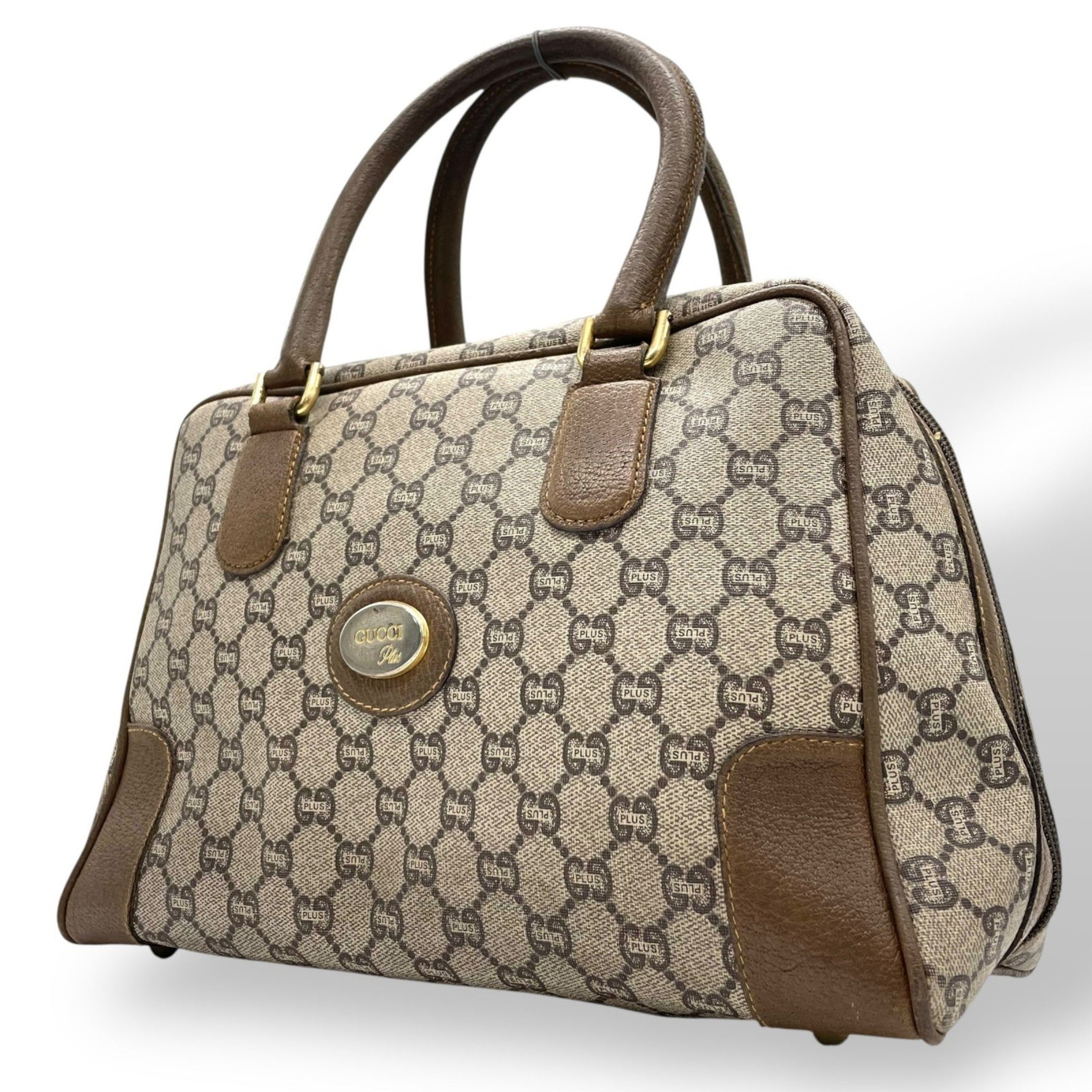 GUCCI GG Plus handbag in gray and beige leather with gold hardware. Vintage size A.