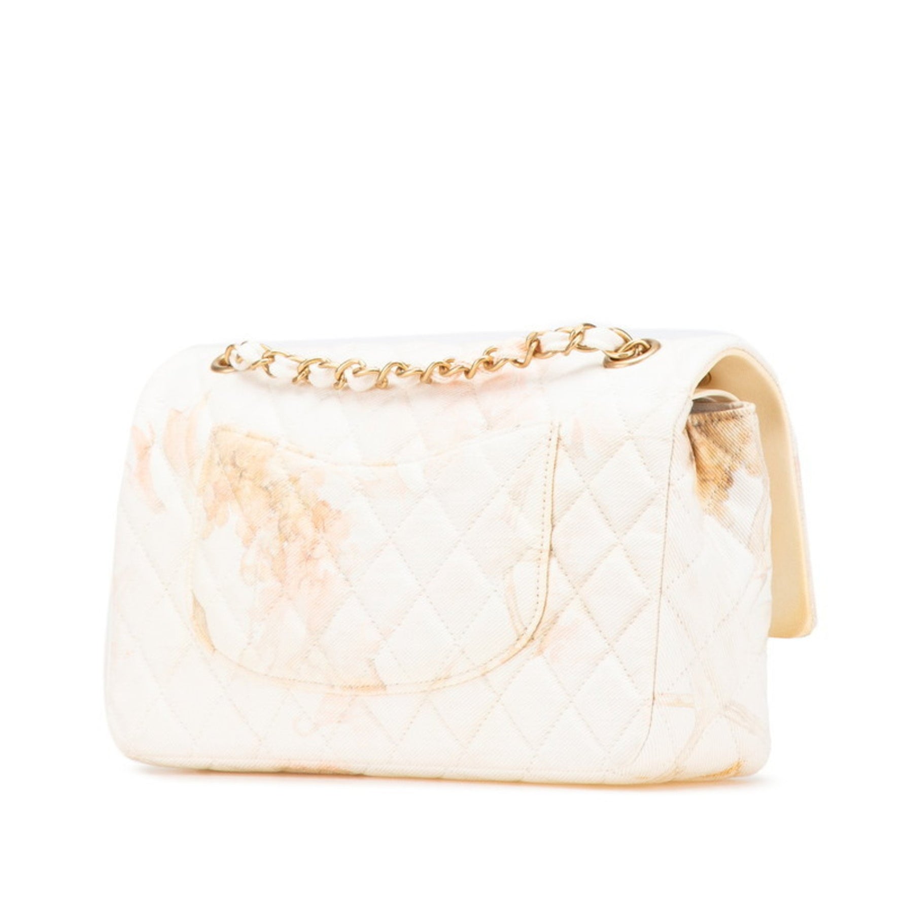 CHANEL Matelasse 25 Coco Mark Double Flap Gold Hardware Flower Chain Shoulder Bag White Pink Cotton Leather