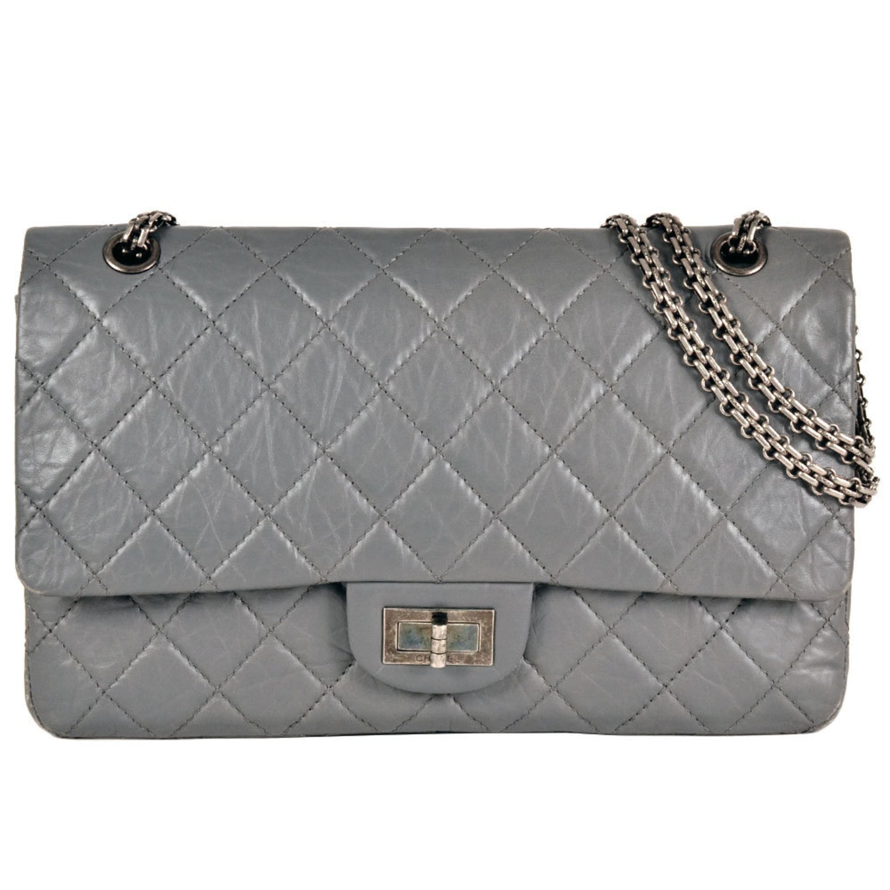 CHANEL Matelasse Double Flap Chain Shoulder Bag Leather 2.55 Grey
