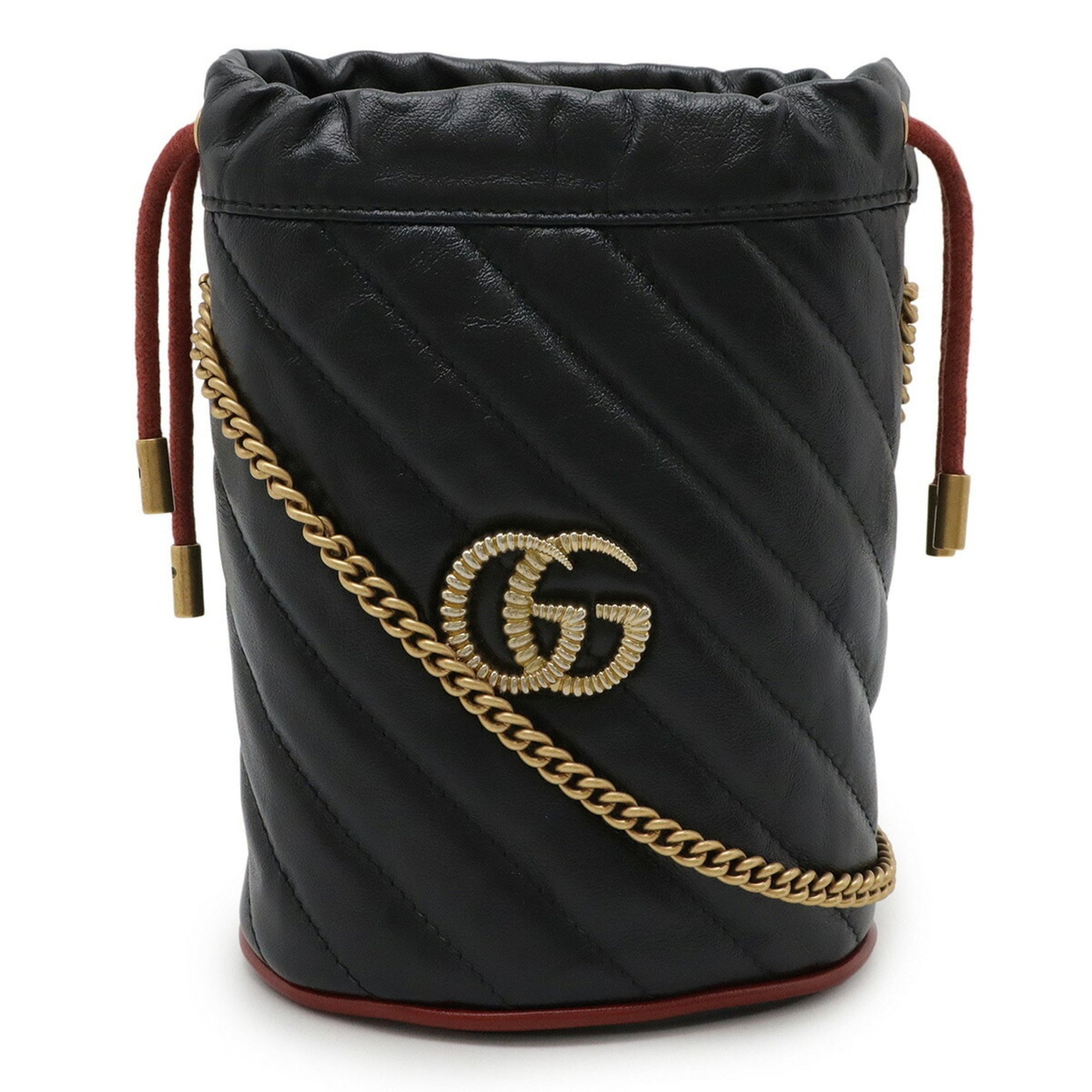 GUCCI GG Marmont Mini Bucket Bag, Shoulder Chain Leather, Black, Red