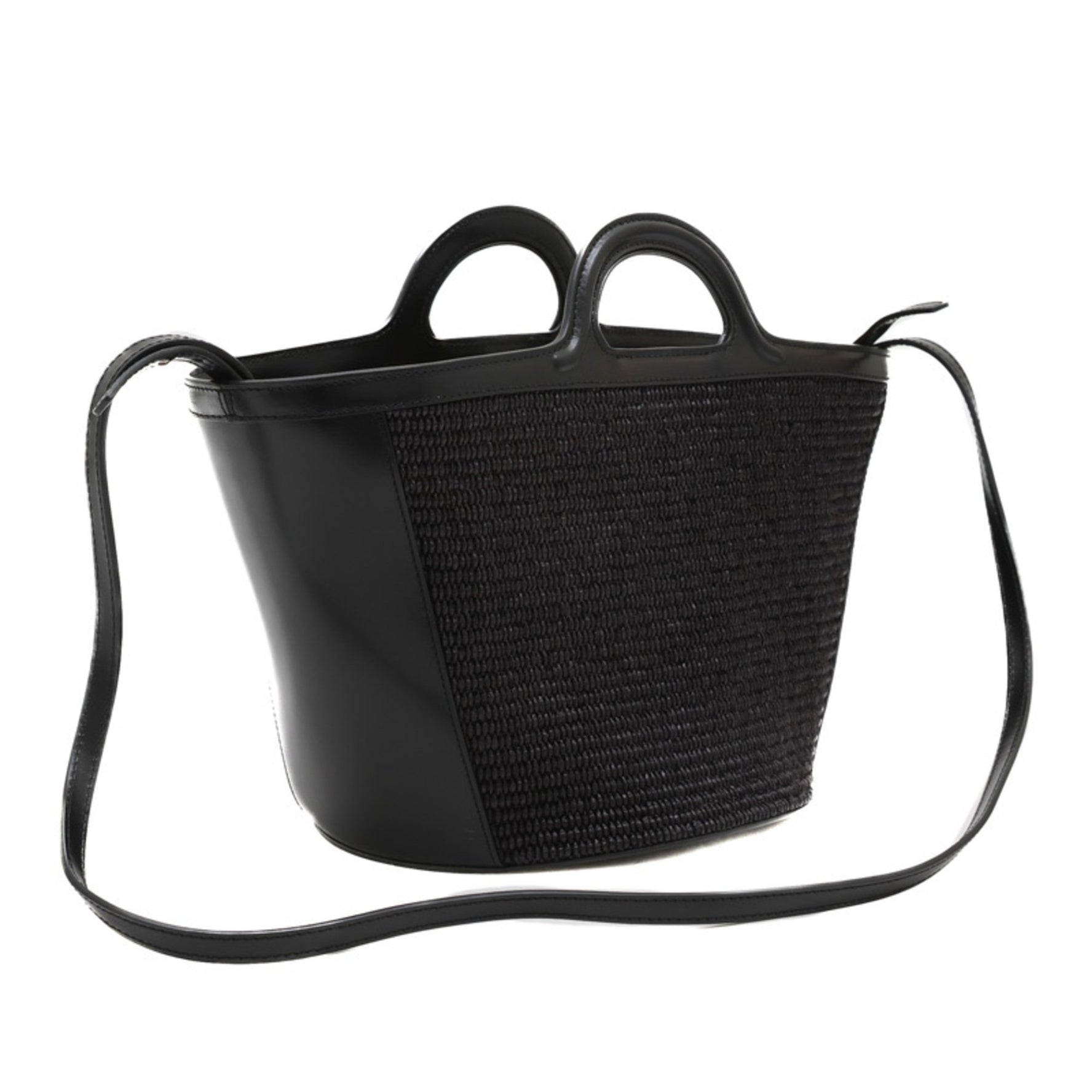 Marni Tropicalia Small Basket Bag, 2-Way Handbag, Raffia and Leather, Black, BMMP006800 BP