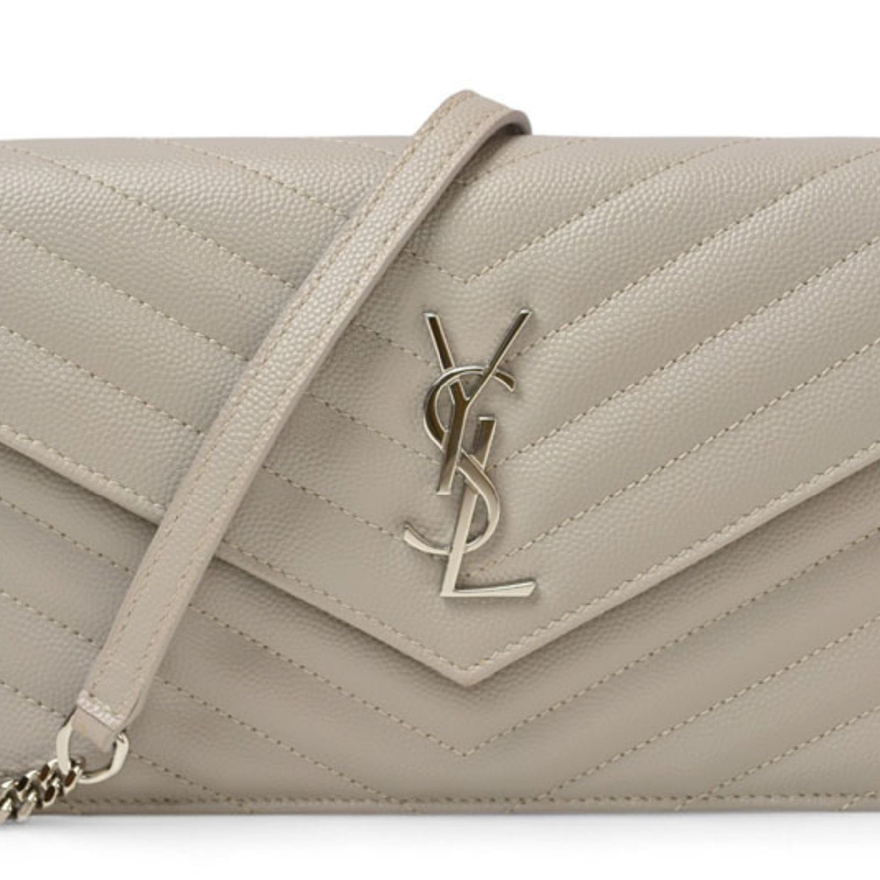 YSL Saint Laurent Monogram Envelope Bag, Light Gray, Chain Wallet, Clutch, Long