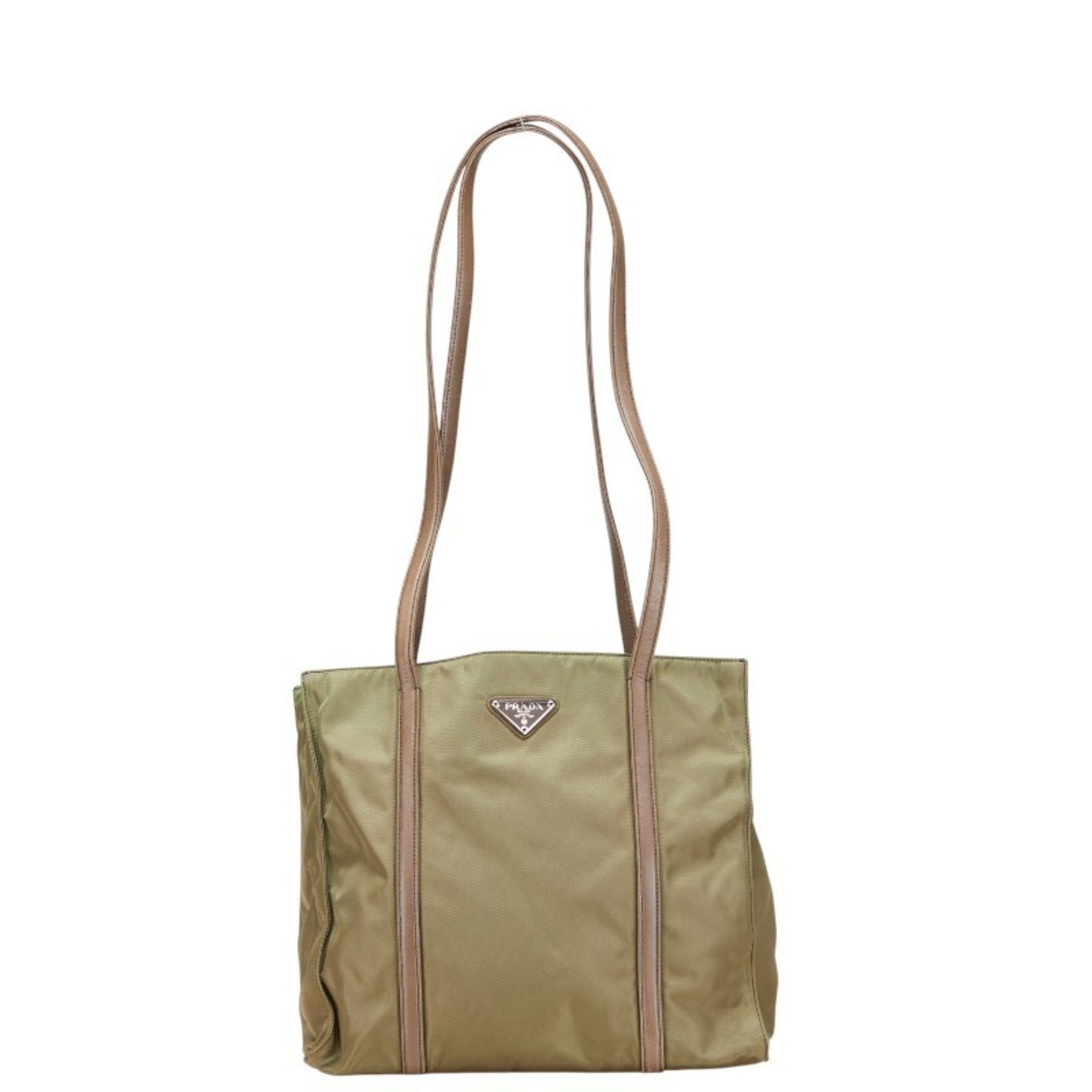 Prada Triangle Logo Plate One-Shoulder Bag Tote B6509 Khaki Brown Nylon Leather Women's PRADA