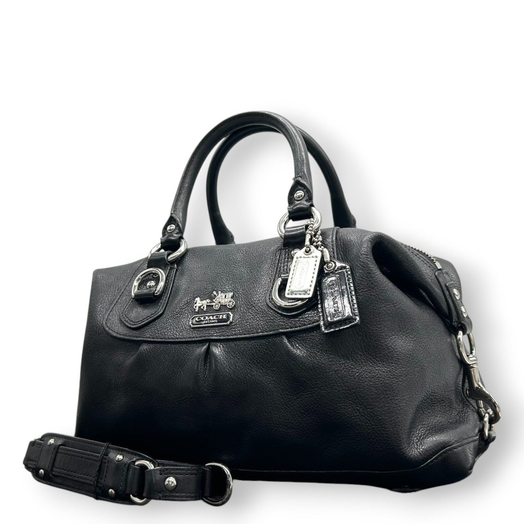 COACH Madison Handbag/Shoulder Bag Satchel in Pebbled Leather with Gathered Horse and Carriage Logo, Size