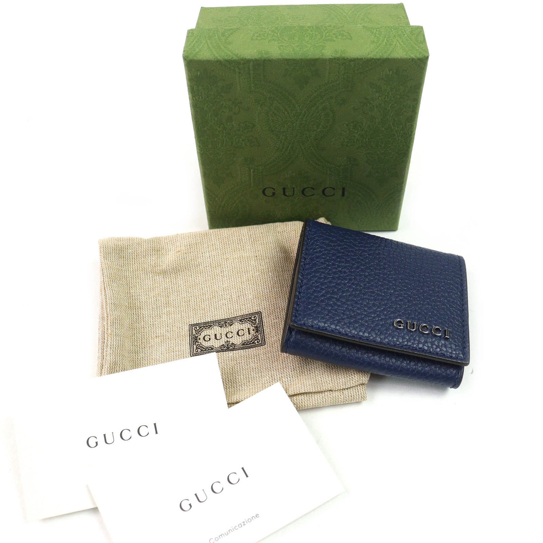 GUCCI Leather Wallet/Coin Purse Compact Wallet with Logo Hardware, Blue Agate, Current Model, Box and Dust Bag Included, Made in Italy