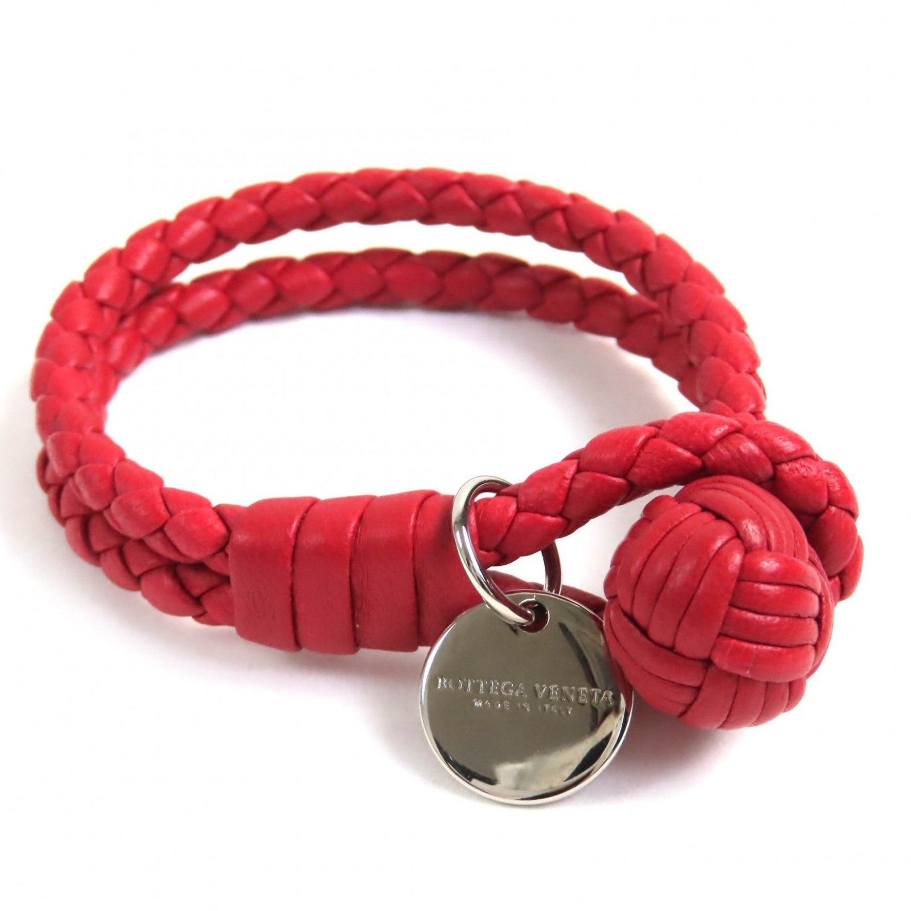 BOTTEGA VENETA Intrecciato Leather Bracelet with Logo Charm, Red and Silver Hardware, Made in Italy