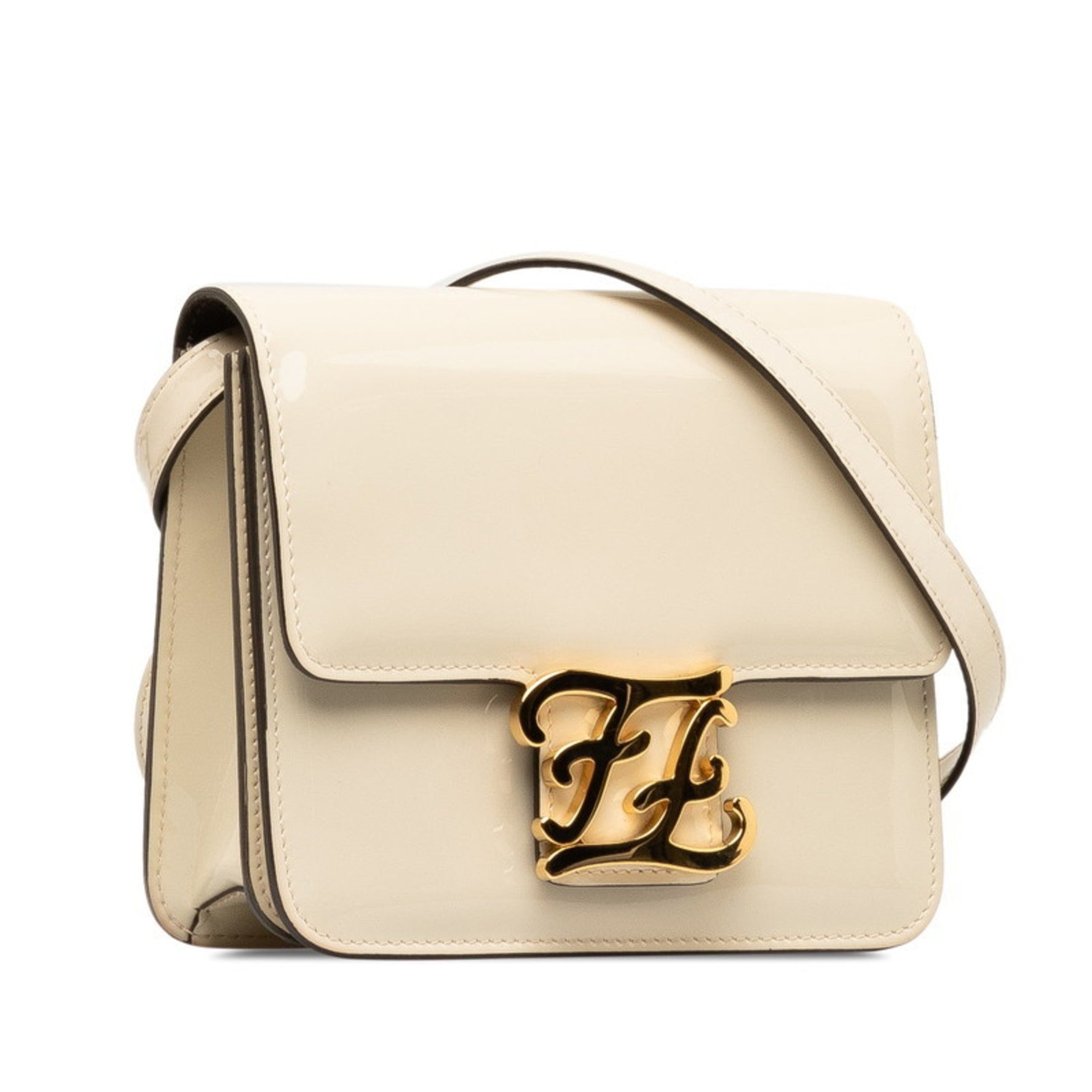 FENDI Calligraphy Crossbody Shoulder Bag Ivory White Patent Leather