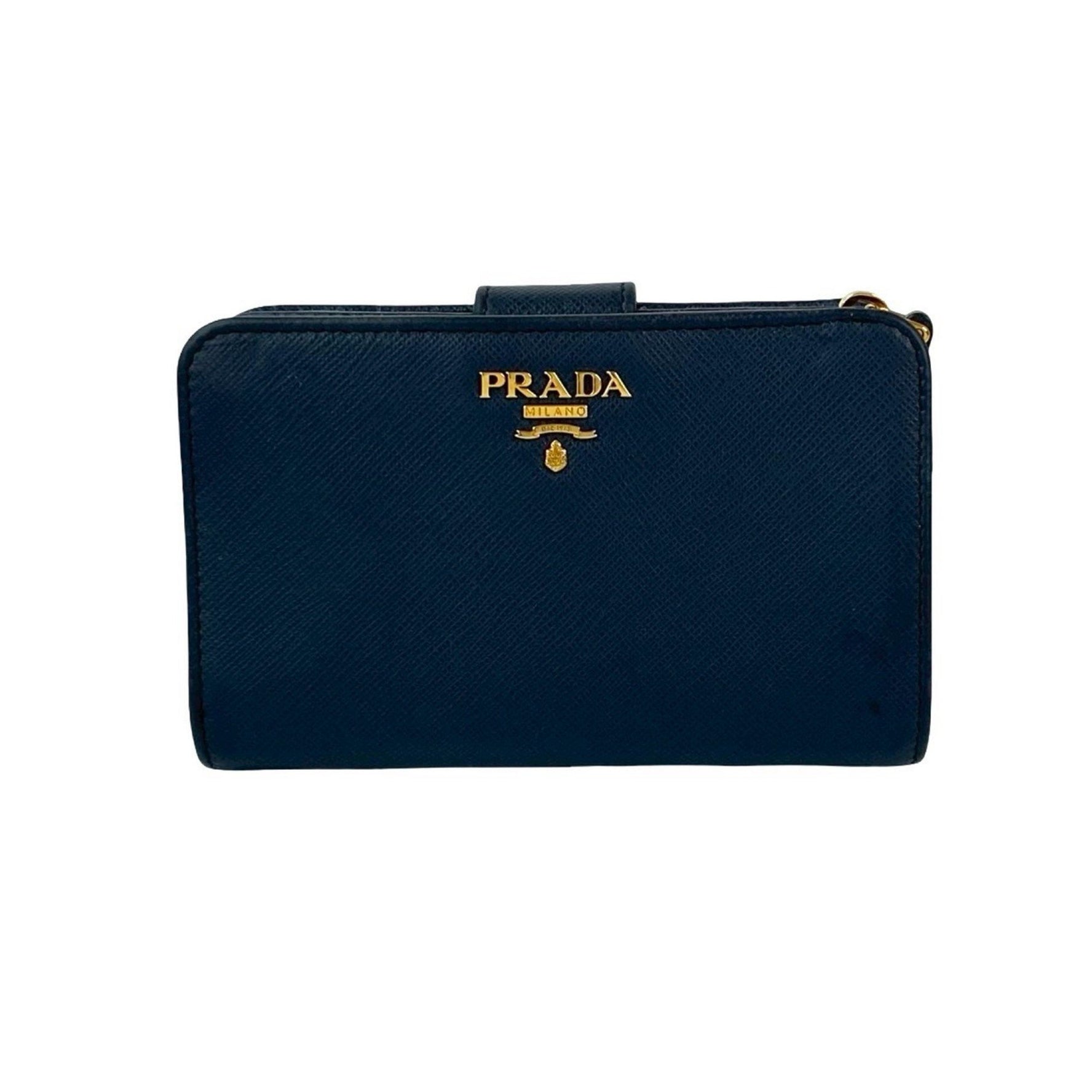 PRADA logo hardware, Saffiano leather zippered bifold wallet with card case, blue