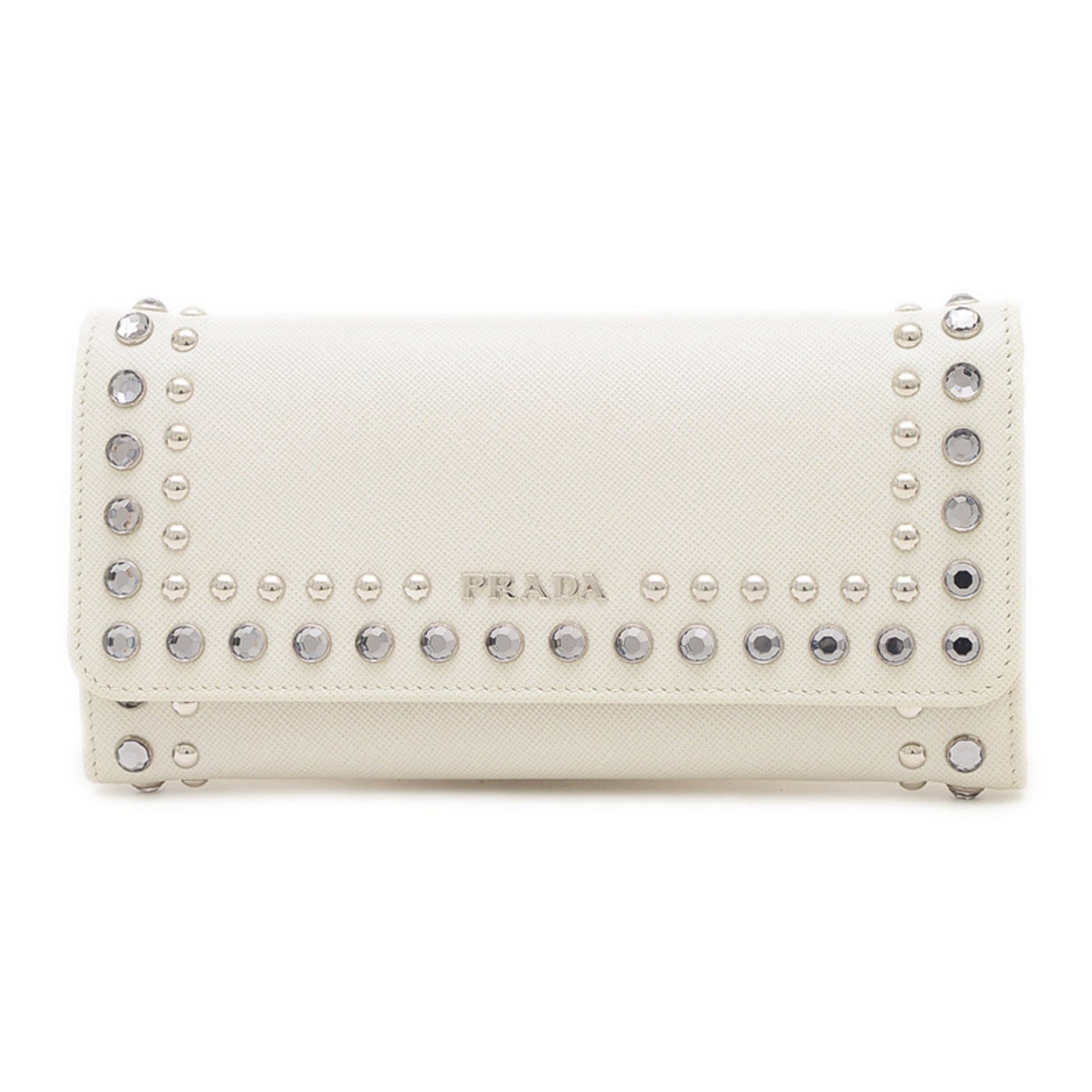 Prada Saffiano Bi-fold Long Wallet in Leather with Studs and Rhinestones