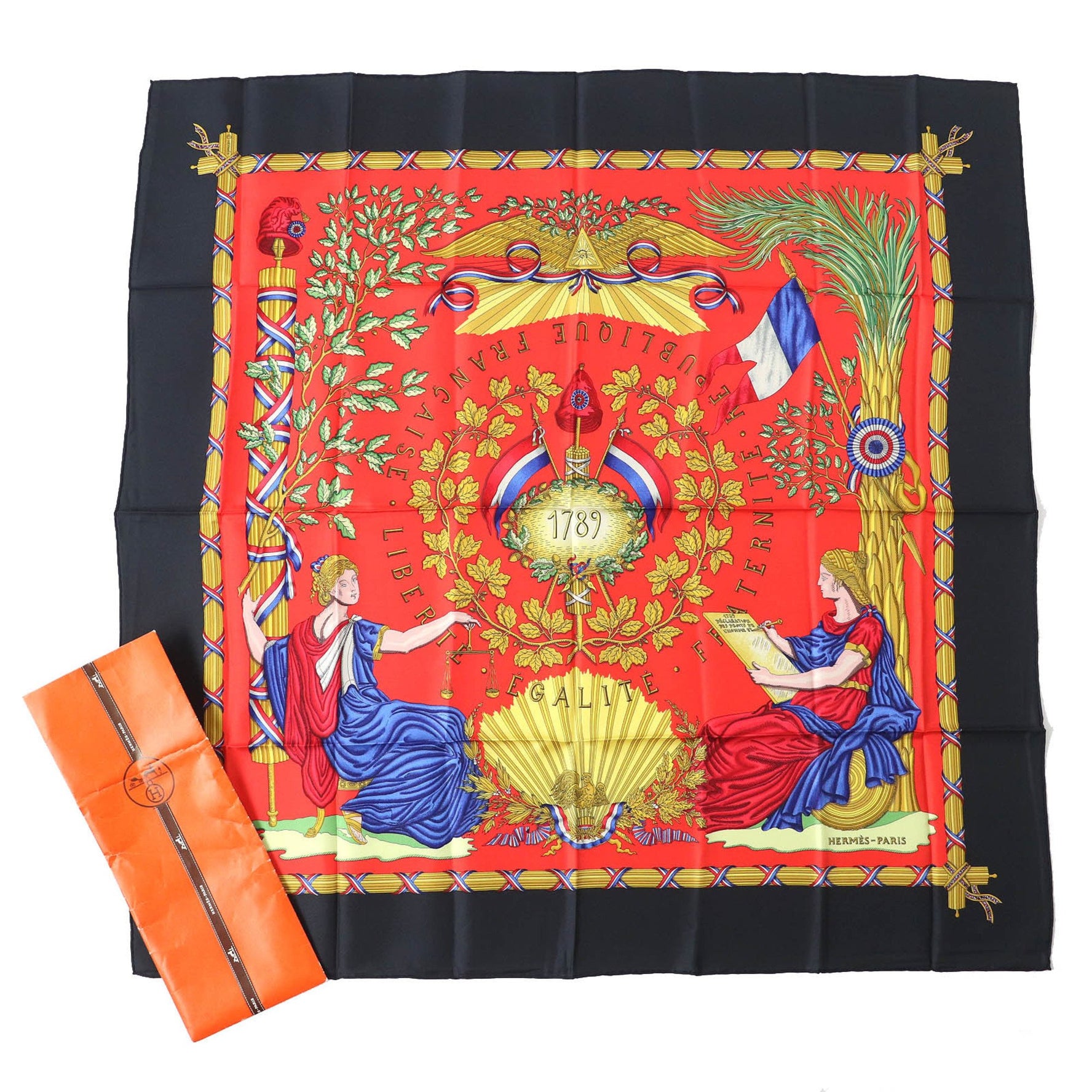 HERMES 1789 LIBERTE EGALITE FRATERNITE REPUBLIQUE FRANCAISE (1789) 100% Silk Scarf, Black, Red, Multicolor, Made in France