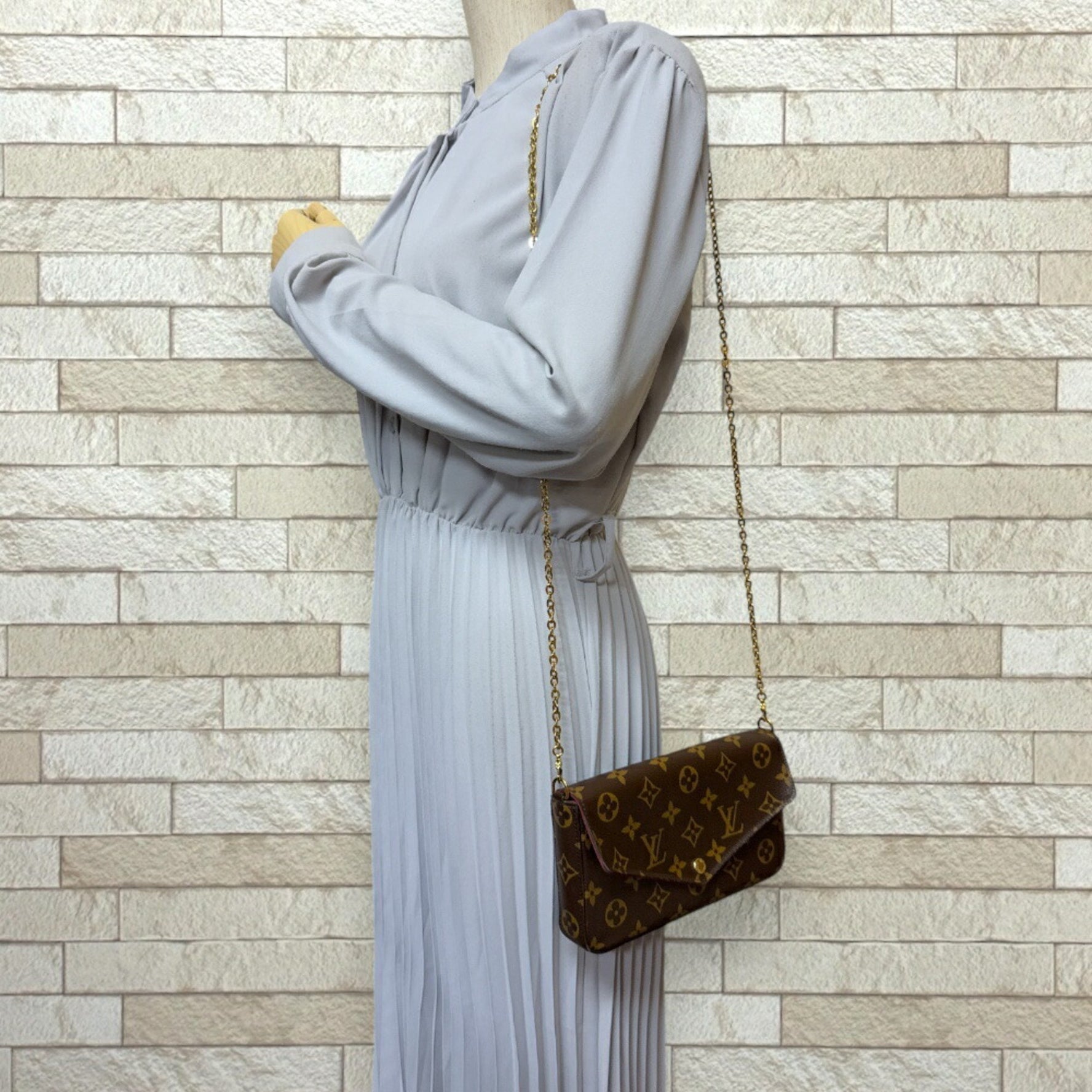 Louis Vuitton Pochette Felicie Monogram Shoulder Bag Canvas Brown Chain