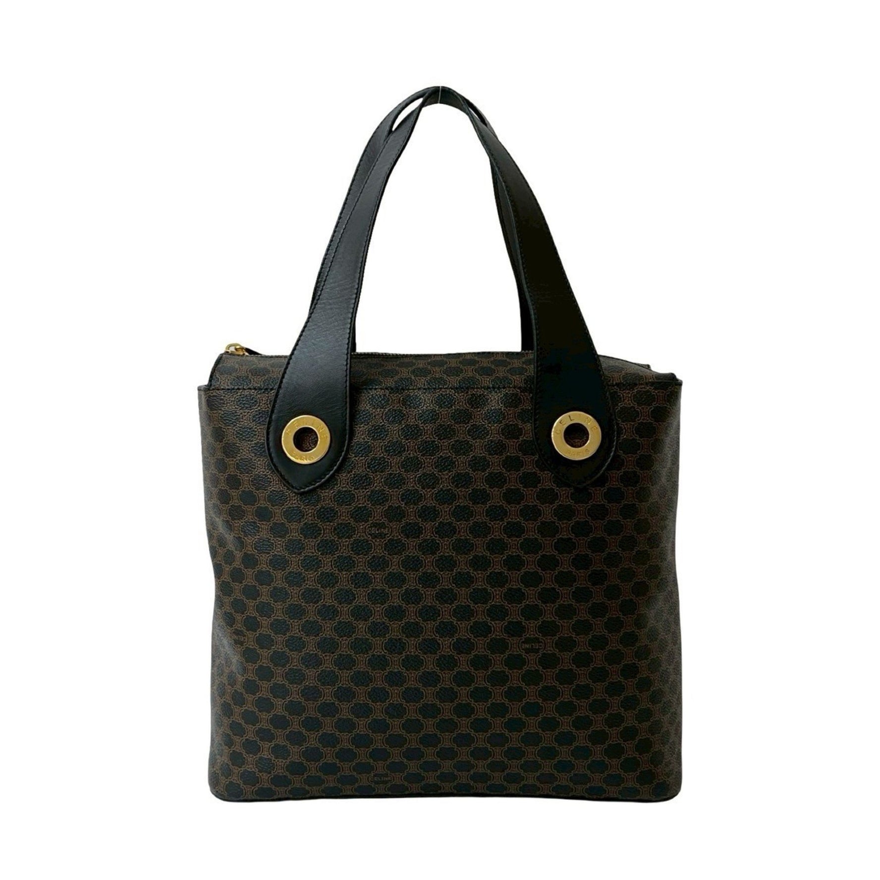 CELINE Macadam pattern circle logo hardware leather handbag tote bag black brown