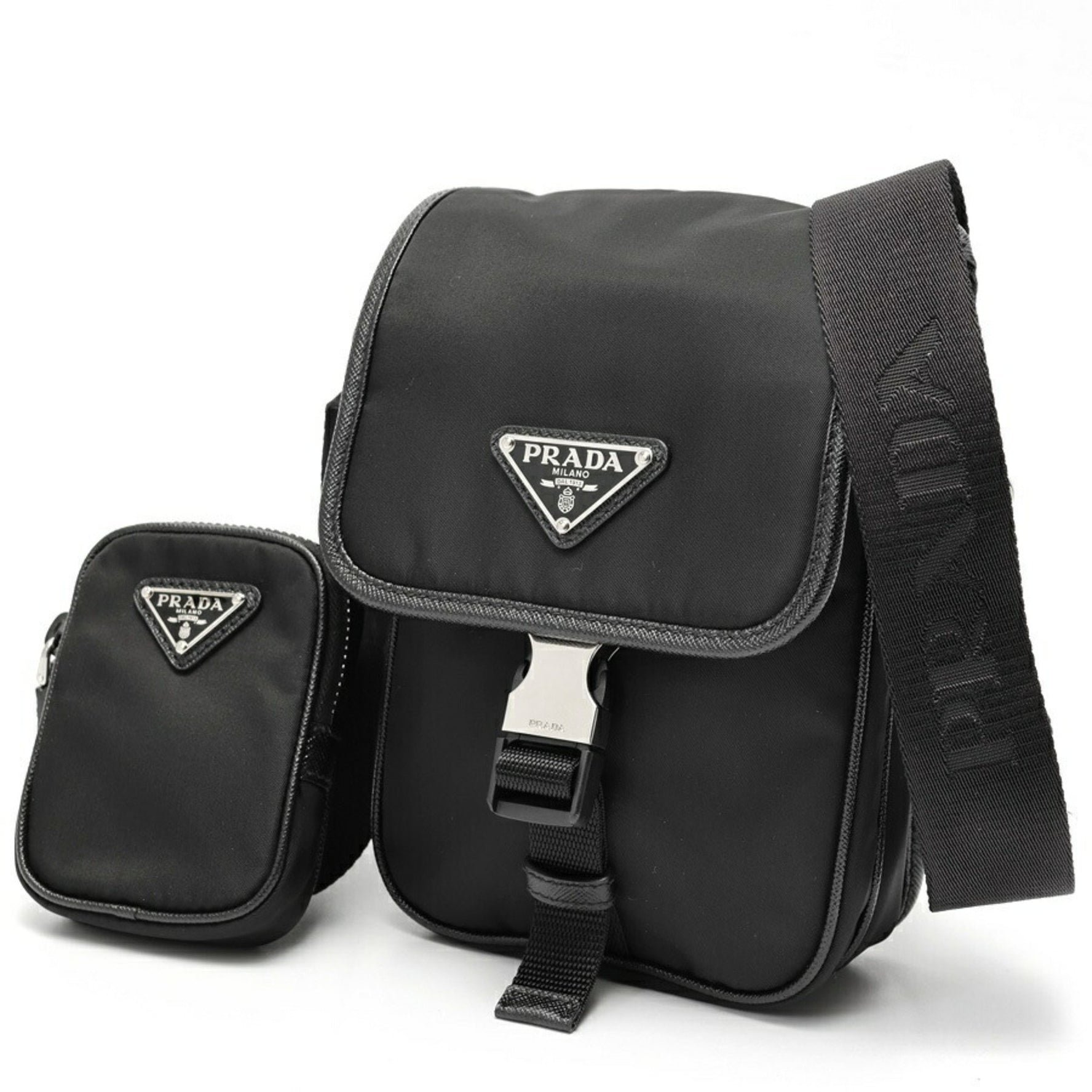 Prada Re-Nylon x Saffiano Leather Mini Shoulder Phone Holder (Nero)