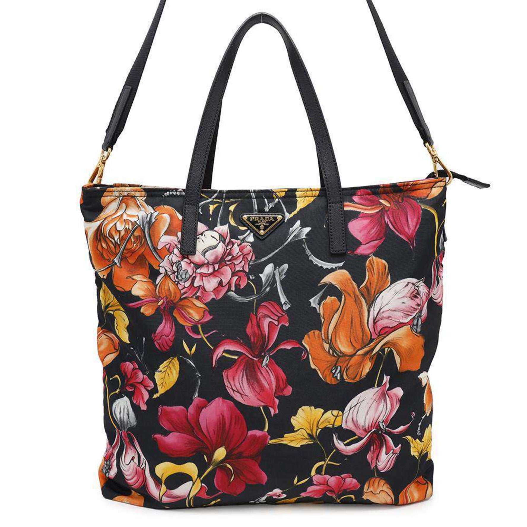 Prada Tote Bag Flower Print Nylon B2600F PRADA 2way Shoulder Black
