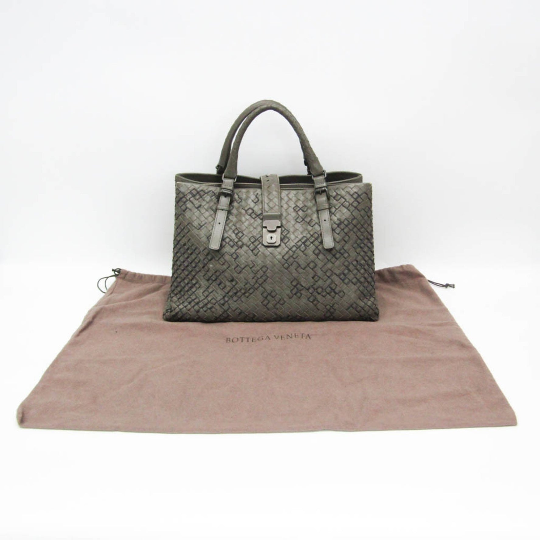 Bottega Veneta Intrecciato Rome Leather Handbag Gray Khaki