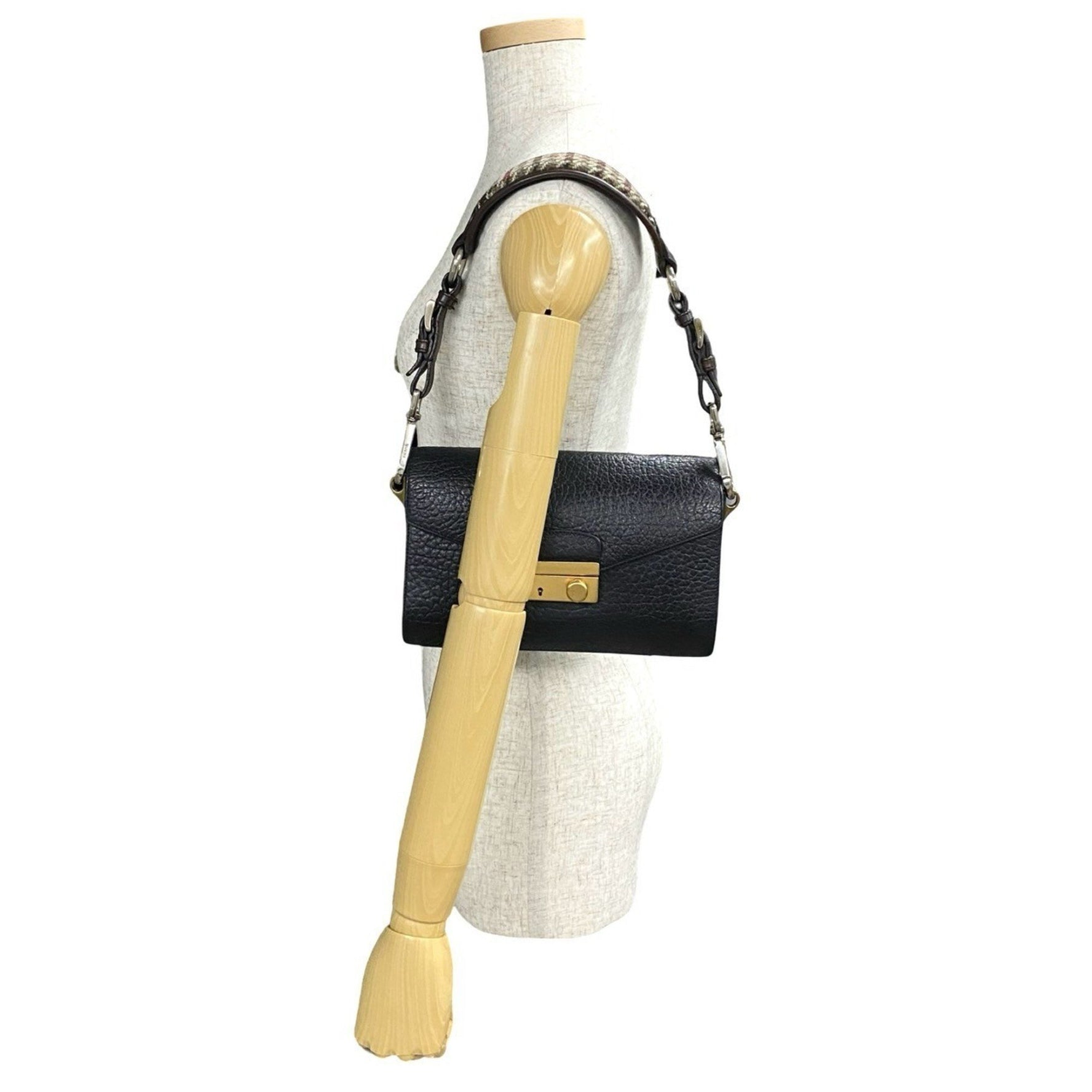 PRADA logo hardware leather tweed semi-shoulder bag mini handbag black brown