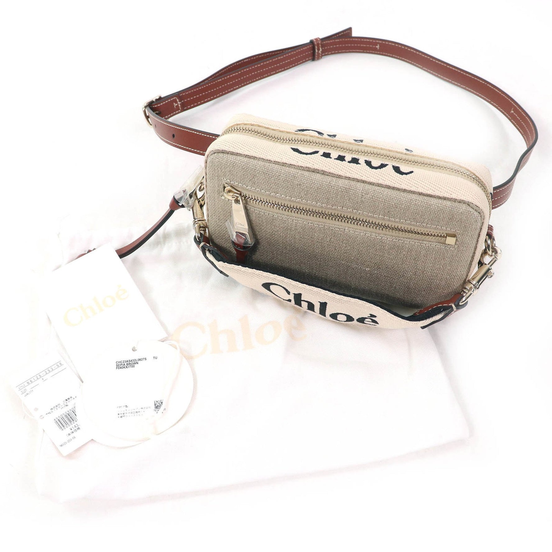 Chloé Chloe WOODY linen and leather accents with logo waist pouch, crossbody bag, shoulder beige or brown, includes dust made in Italy.