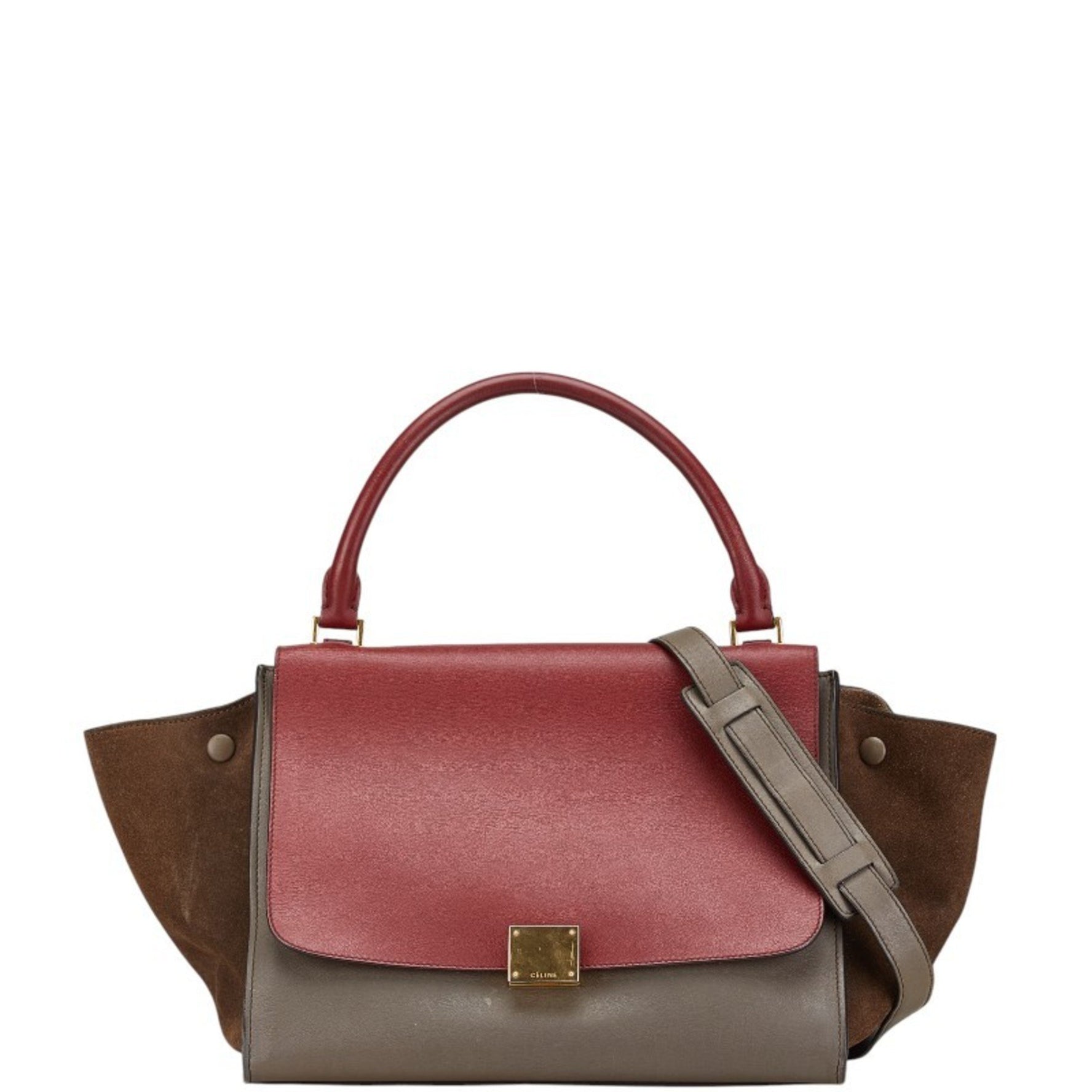 Celine Trapeze Tricolor Handbag Shoulder Bag Brown Red Leather Suede