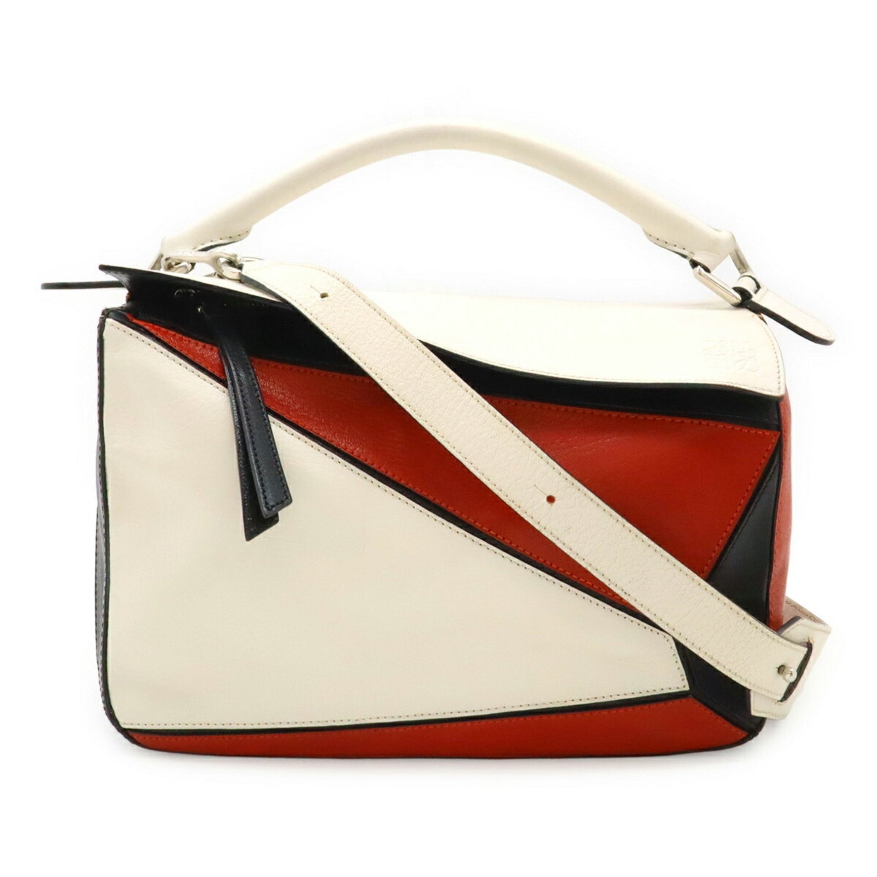 LOEWE Puzzle Bag Medium Handbag Shoulder Leather White Red Black