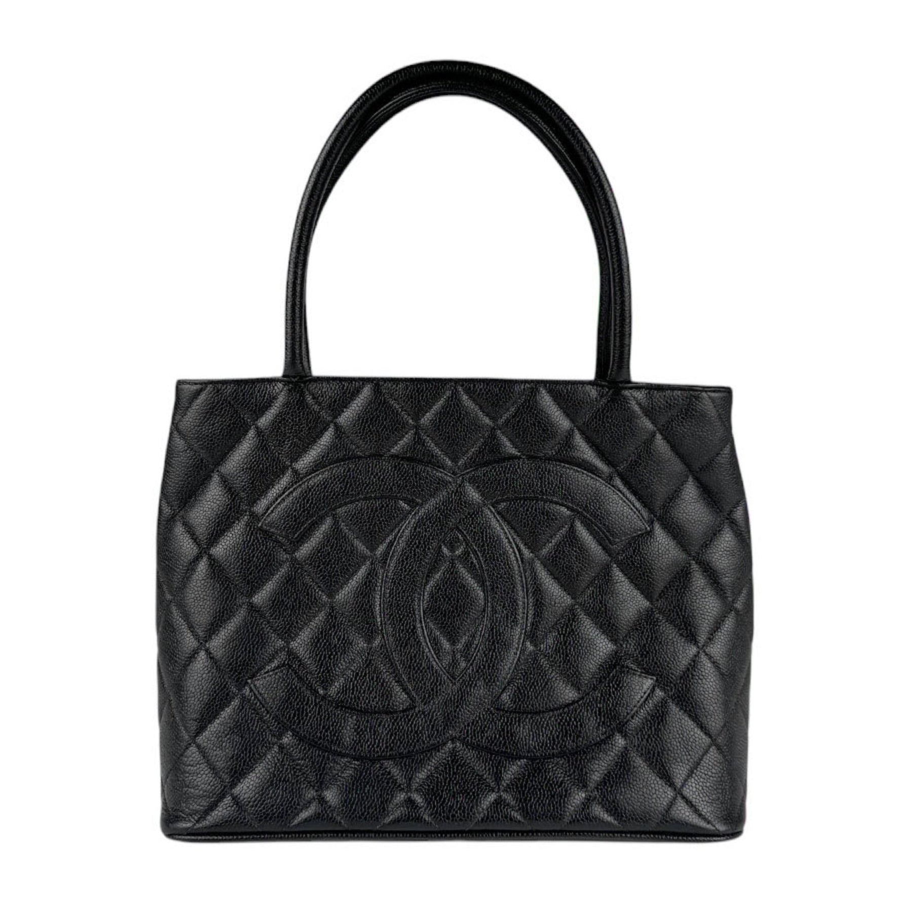 CHANEL Handbag Reproduction Tote Caviar Skin Leather Black Silver Women's n0934