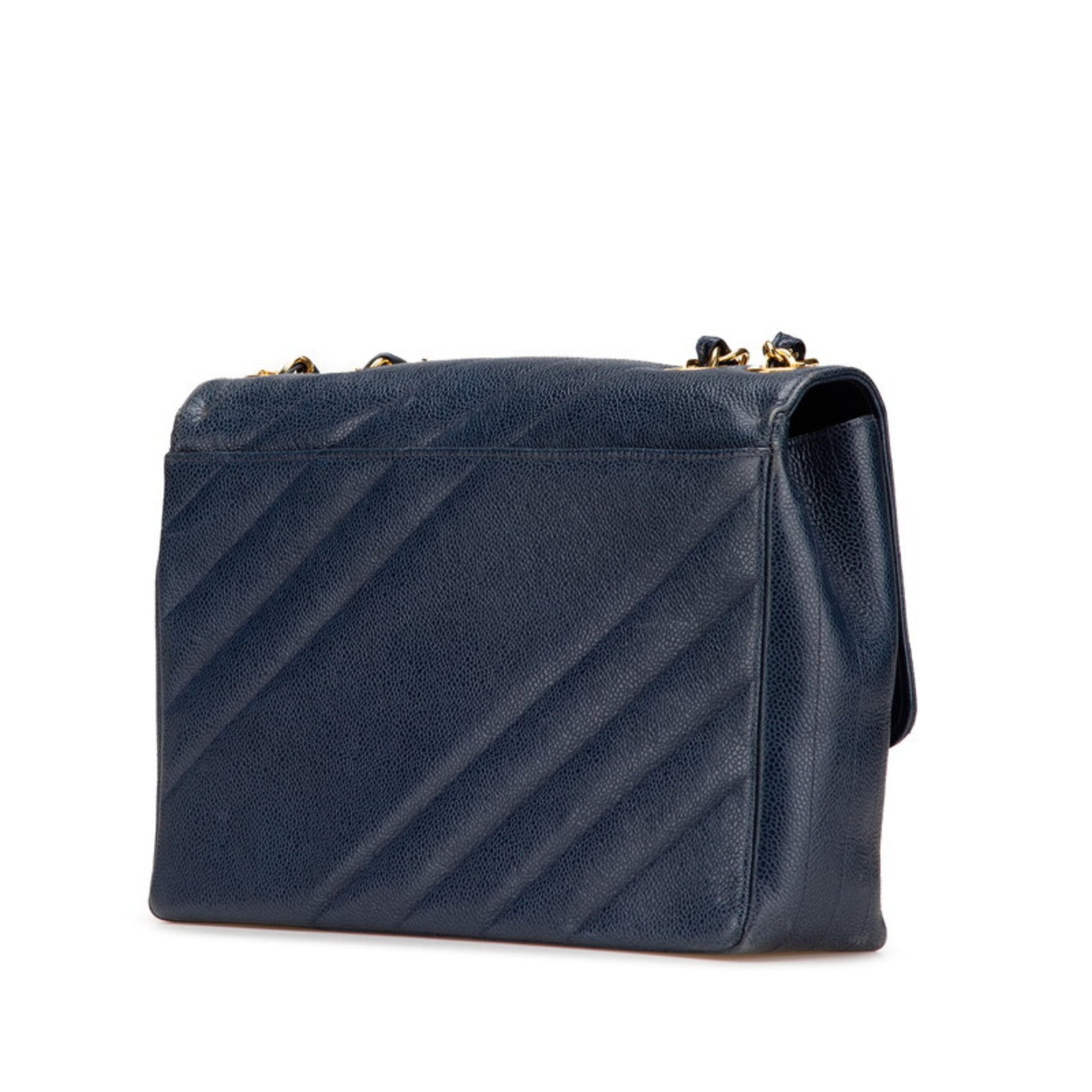 Chanel Coco Mark bias stitch chain shoulder bag in caviar leather with gold hardware.