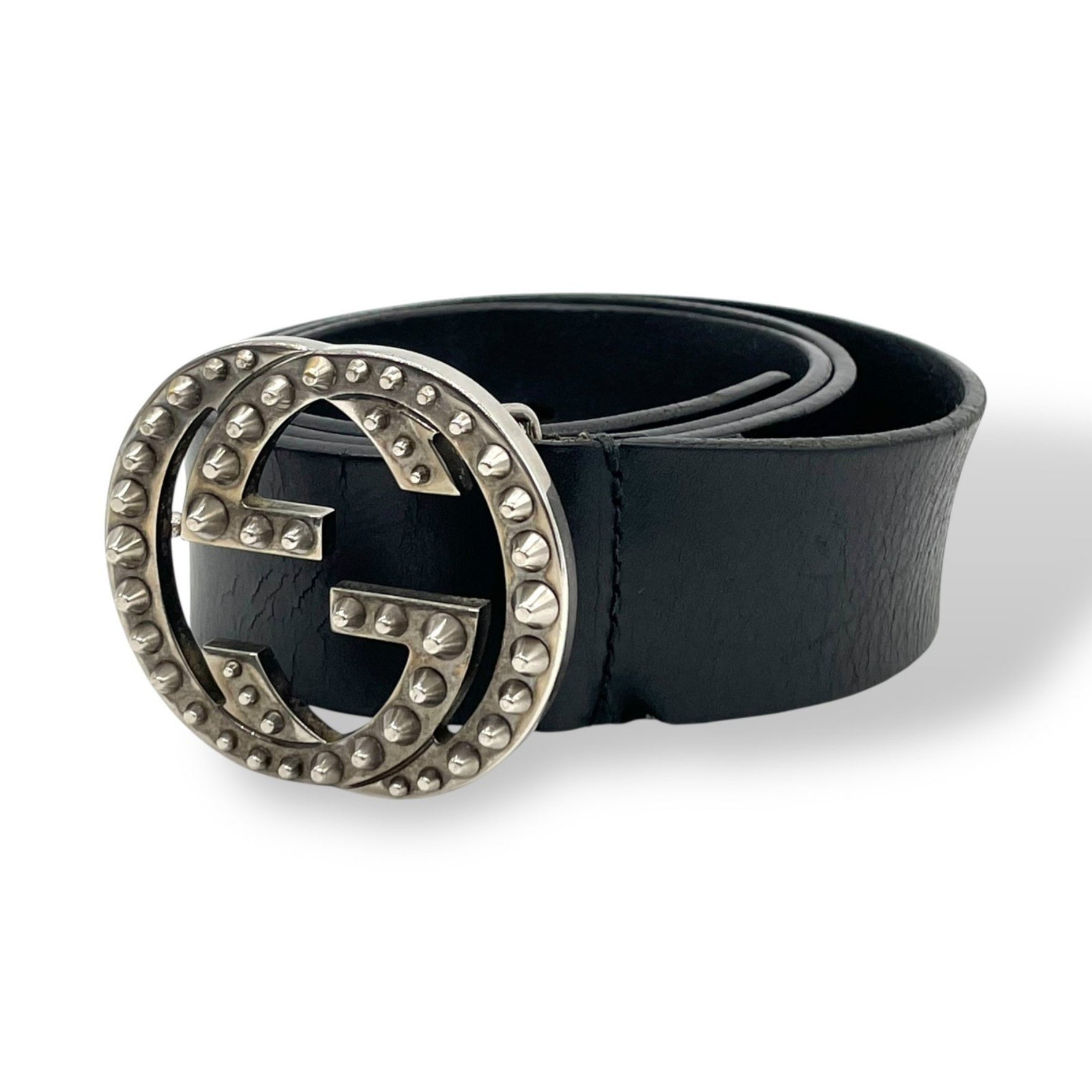 GUCCI GG Leather Belt with Interlocking G Studs, Black and Silver, Genuine Leather, Men's Belt, W6