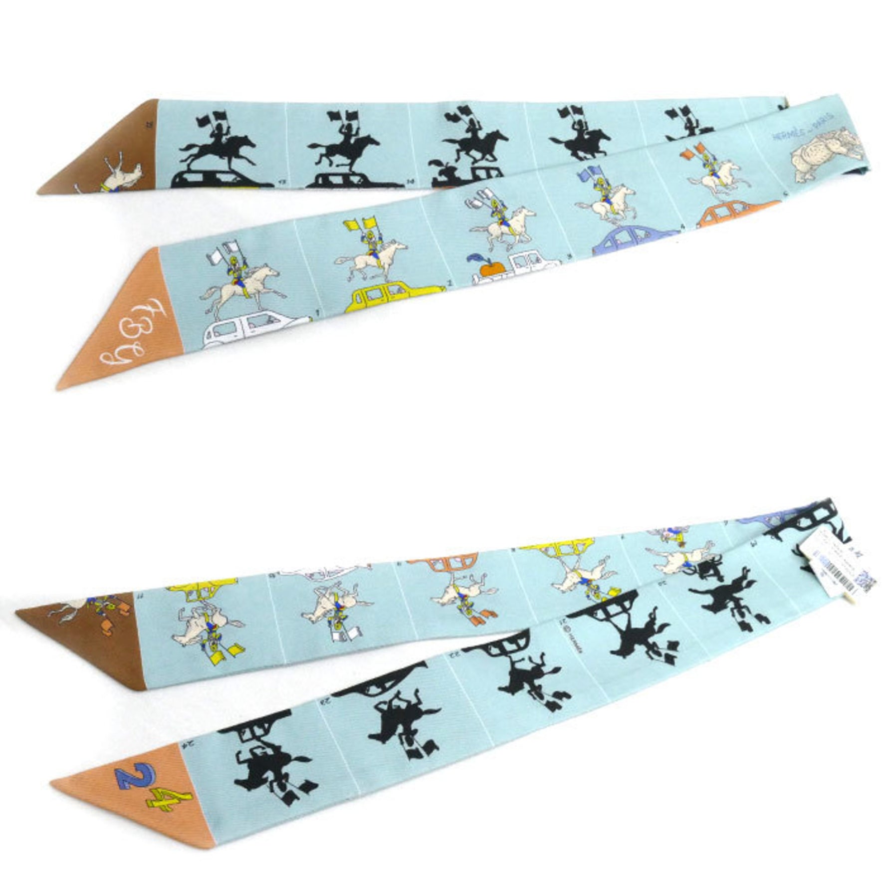 HERMES Twilly PARADE Scarf Muffler Vert Amande/Marron/Yellow 02