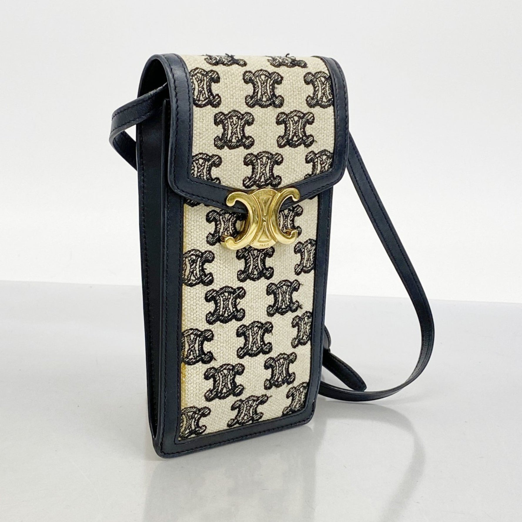Celine Triomphe Canvas Shoulder Bag Black Beige