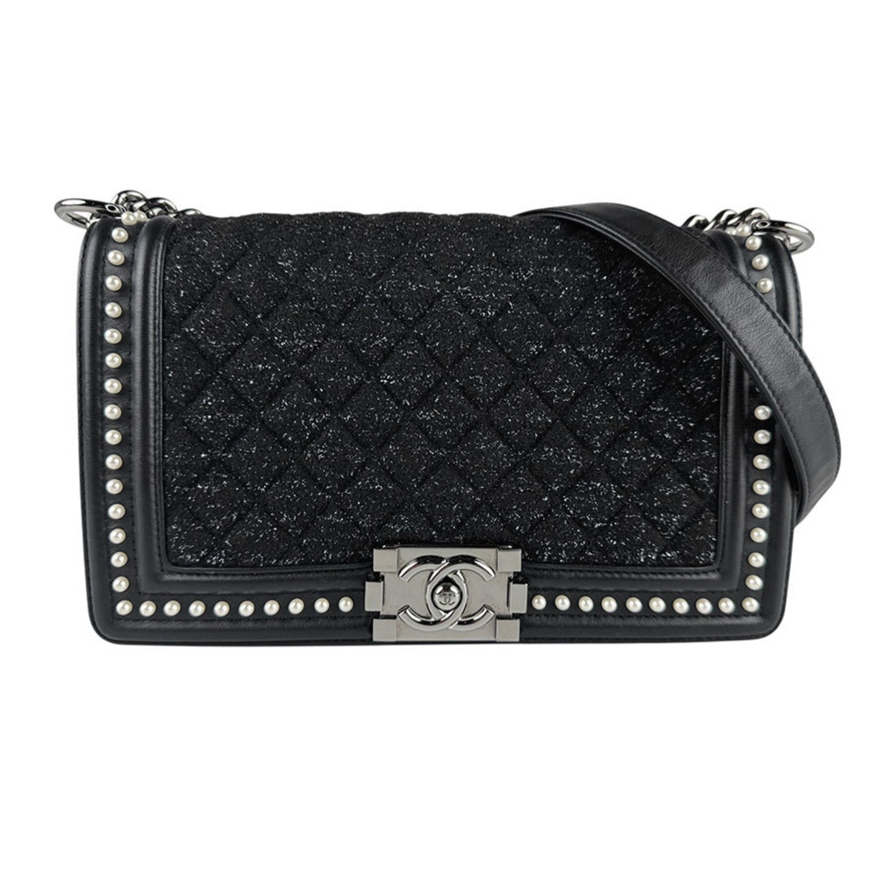 CHANEL Boy Shoulder Bag in Tweed and Leather, Black, Silver, White