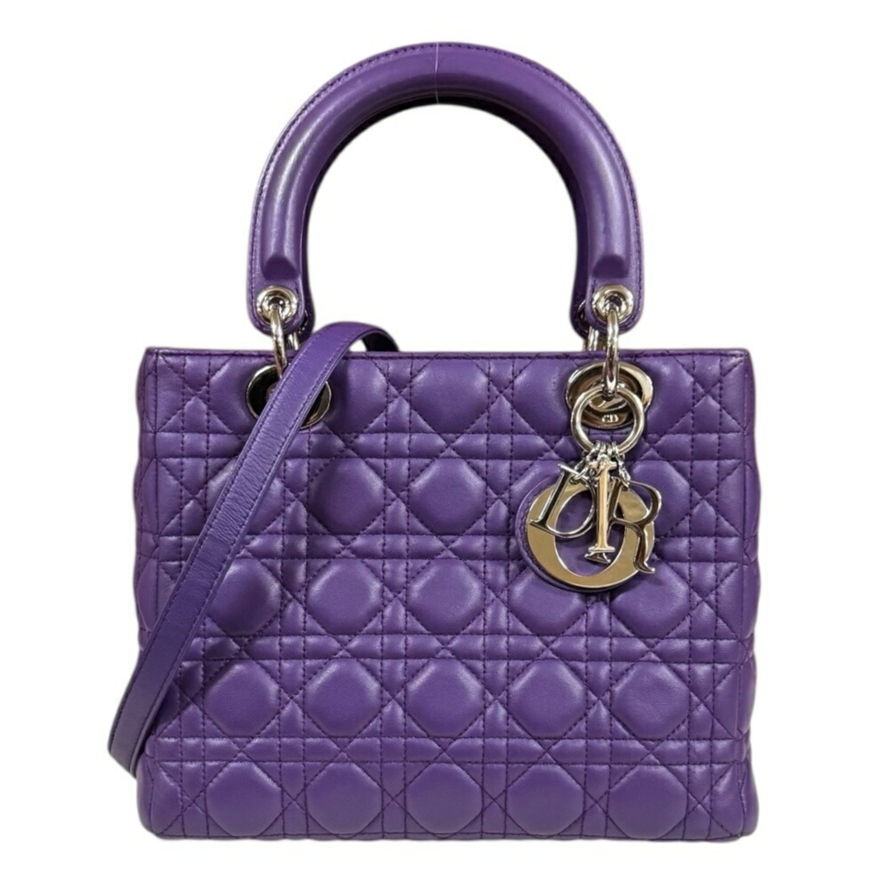 Christian Dior Dior Lady Medium Cannage Shoulder Bag Leather Purple Women's 2way