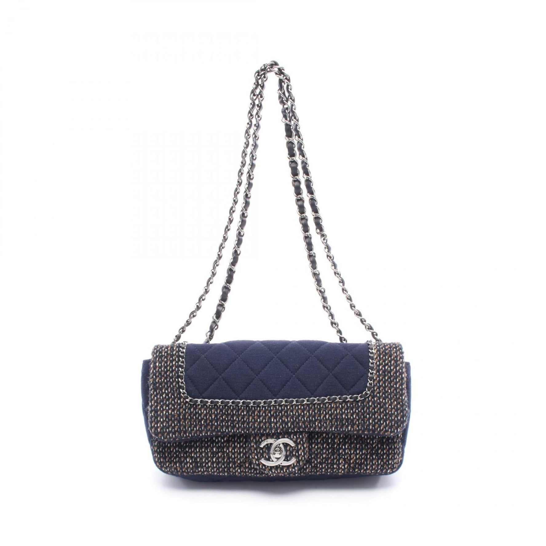 CHANEL Matelasse Shoulder Bag, Cotton Jersey Fabric, Navy, Brown, Multicolor