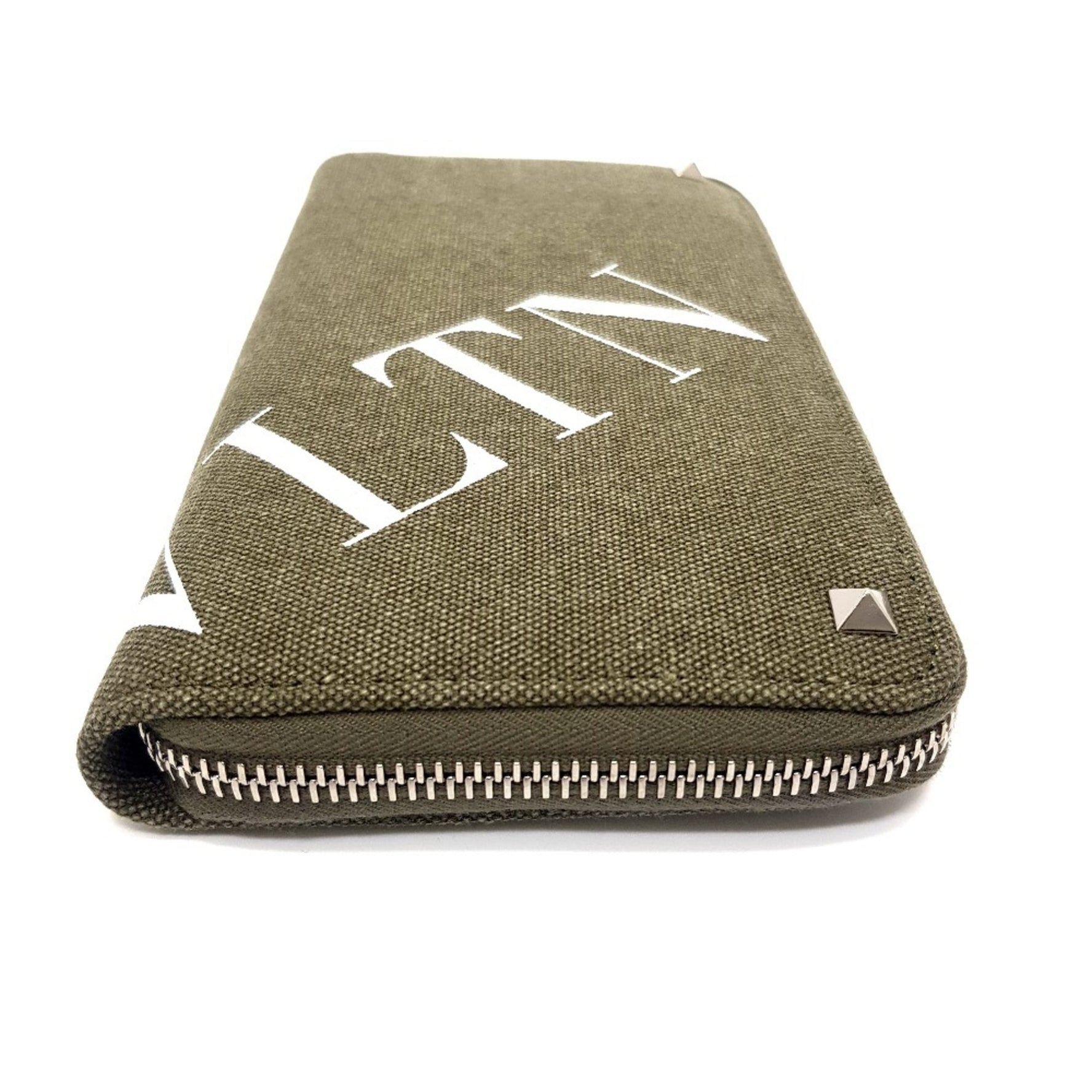 Valentino Garavani Studded VLTN Print Round Long Wallet Canvas x Leather Men's Khaki White