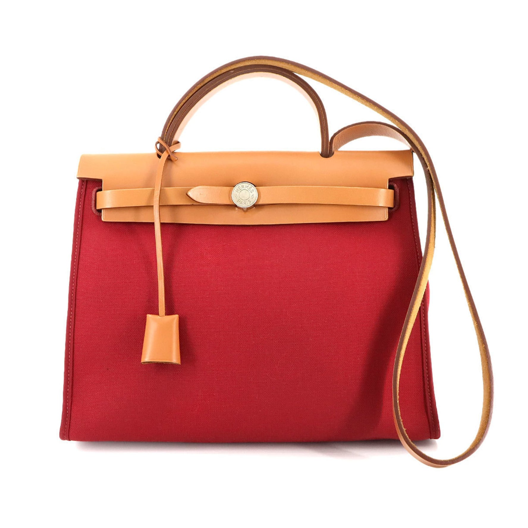 Hermes Hermès Her Bag Zip PM 2-way hand/shoulder bag in Toile, Vache Hunter, Rouge Grenat, and natural with an X stamp.