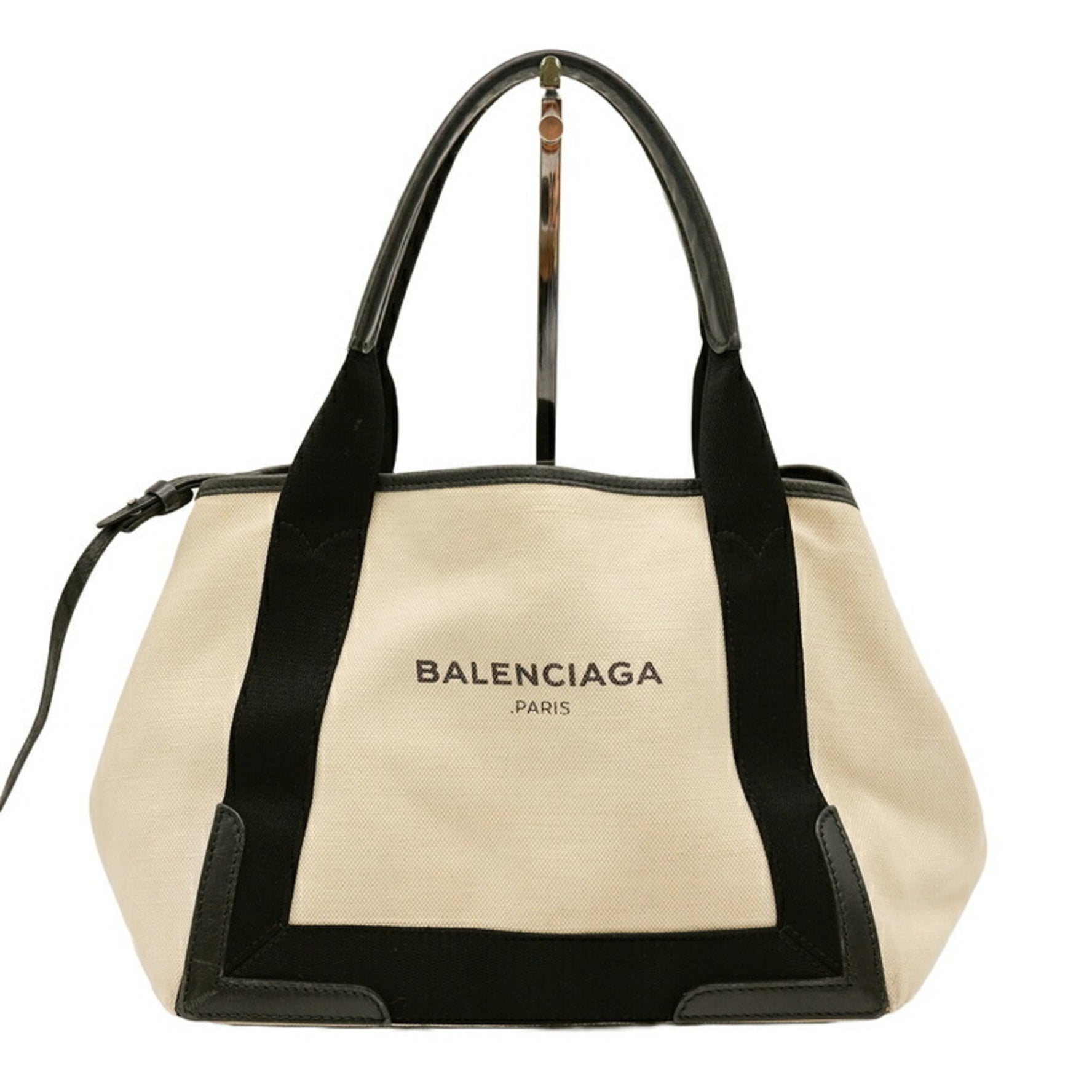 BALENCIAGA Navy Cabas S Tote Bag Leather Canvas Women's White Ivory