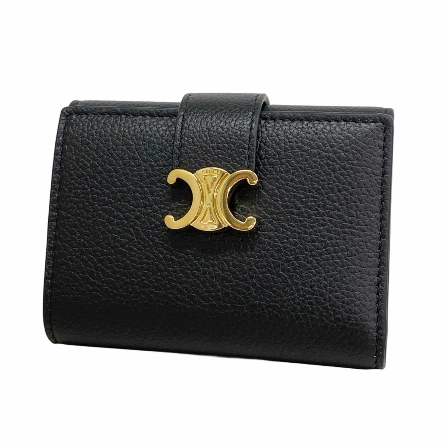 Celine Triomphe Leather Tri-fold Wallet Black Women's