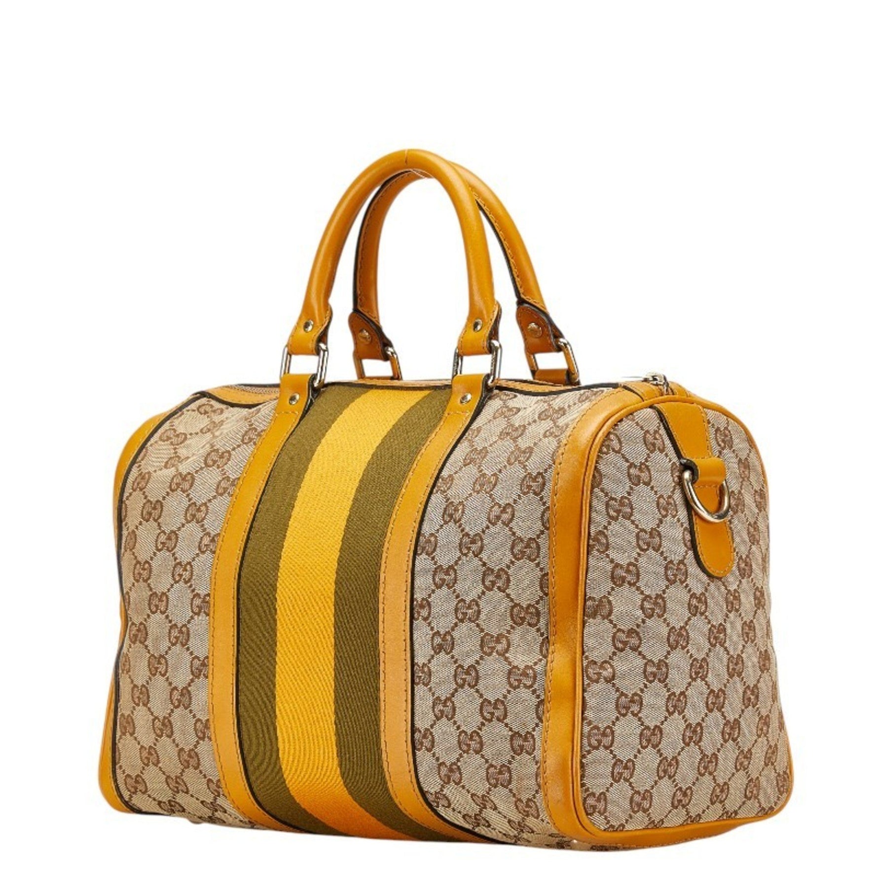 Gucci GG Canvas Sherry Line Shoulder Bag Beige Yellow Leather