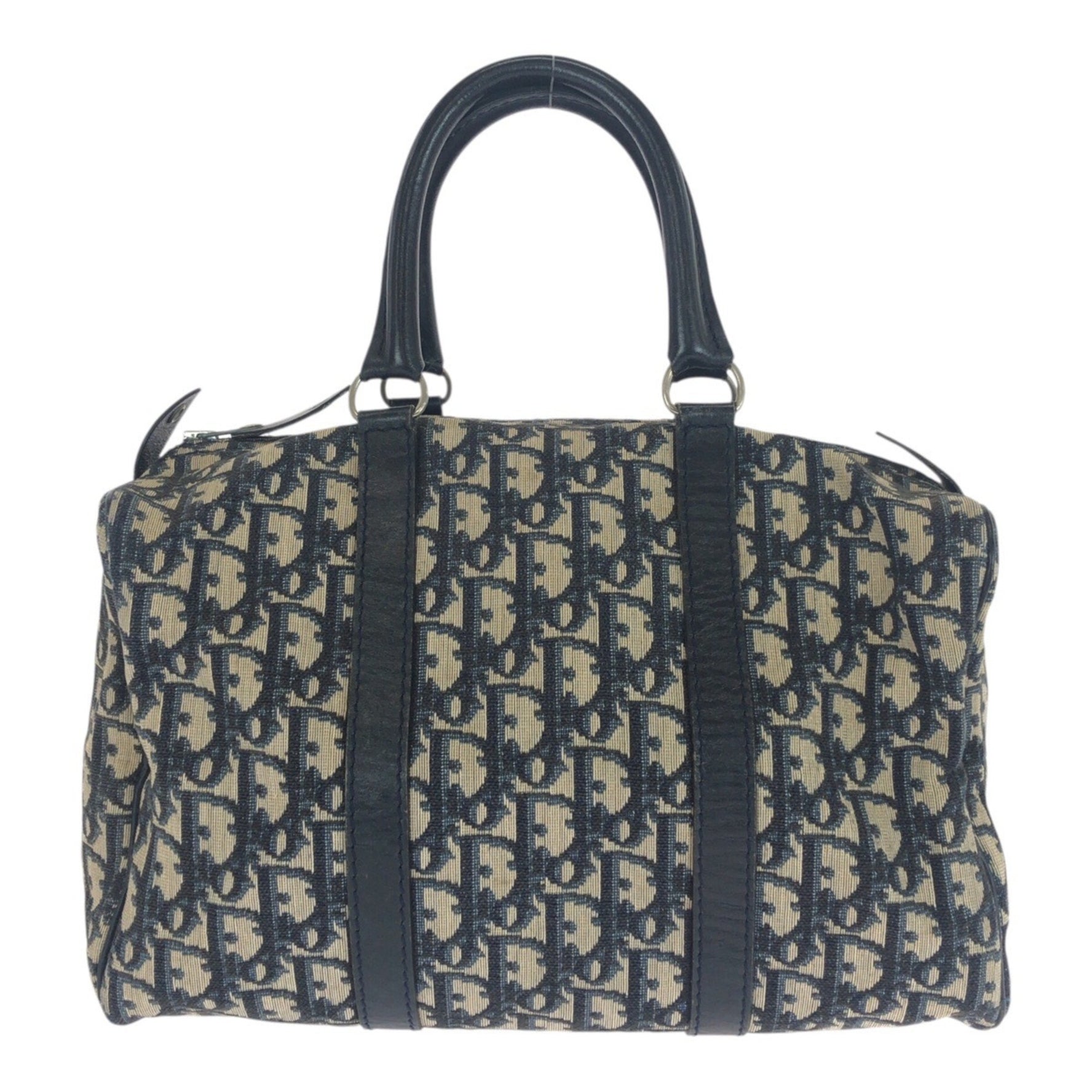 Christian Dior Dior Vintage Trotter Navy Beige with Silver Hardware, Canvas and Leather Tote Bag, Mini Boston Bag