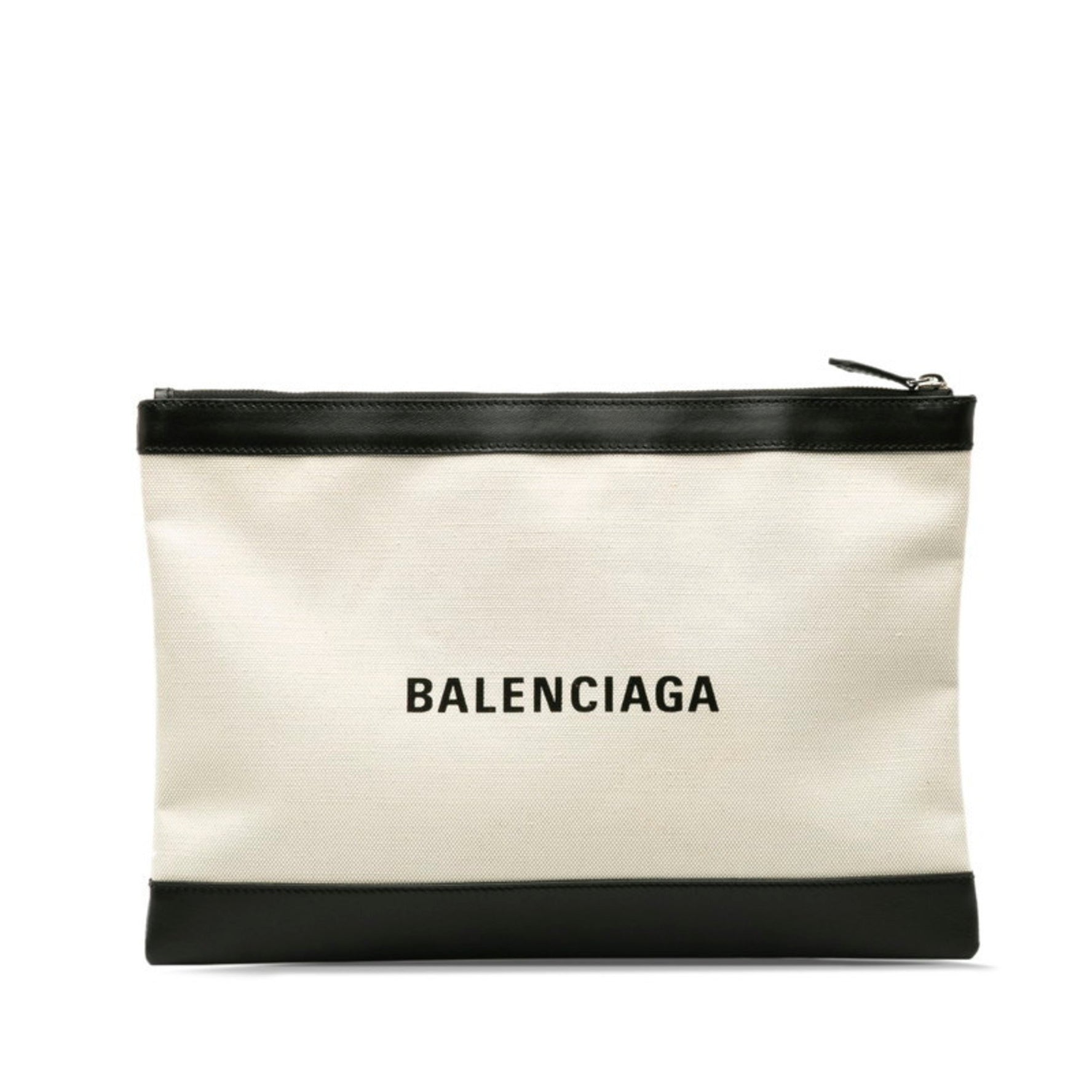 Balenciaga Clutch Bag Beige Black Canvas Leather