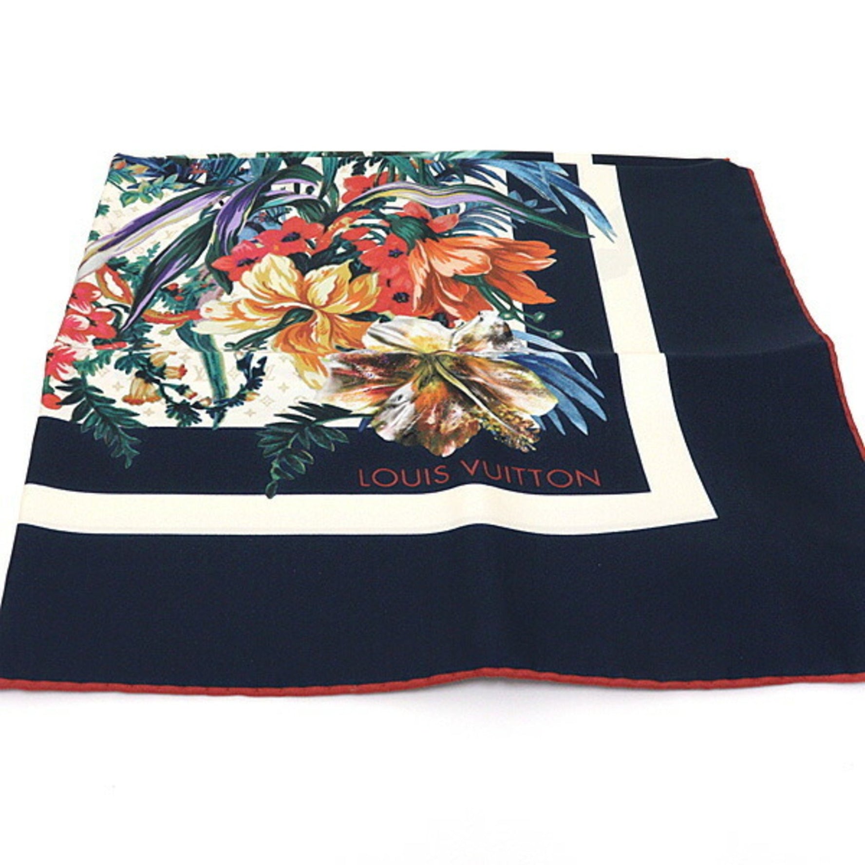 Louis Vuitton Carré 70 LV Bouquet Scarf Muffler Navy/Multicolor 100% Silk Flower Monogram