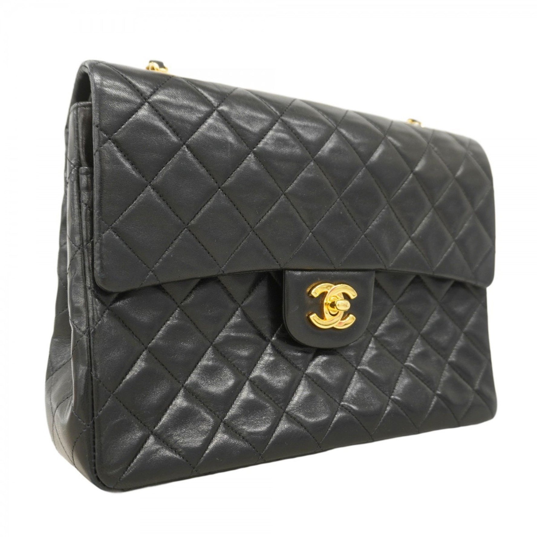 Chanel Matelasse Shoulder Bag with Double Flap and Chain, Lambskin, Black, Women's