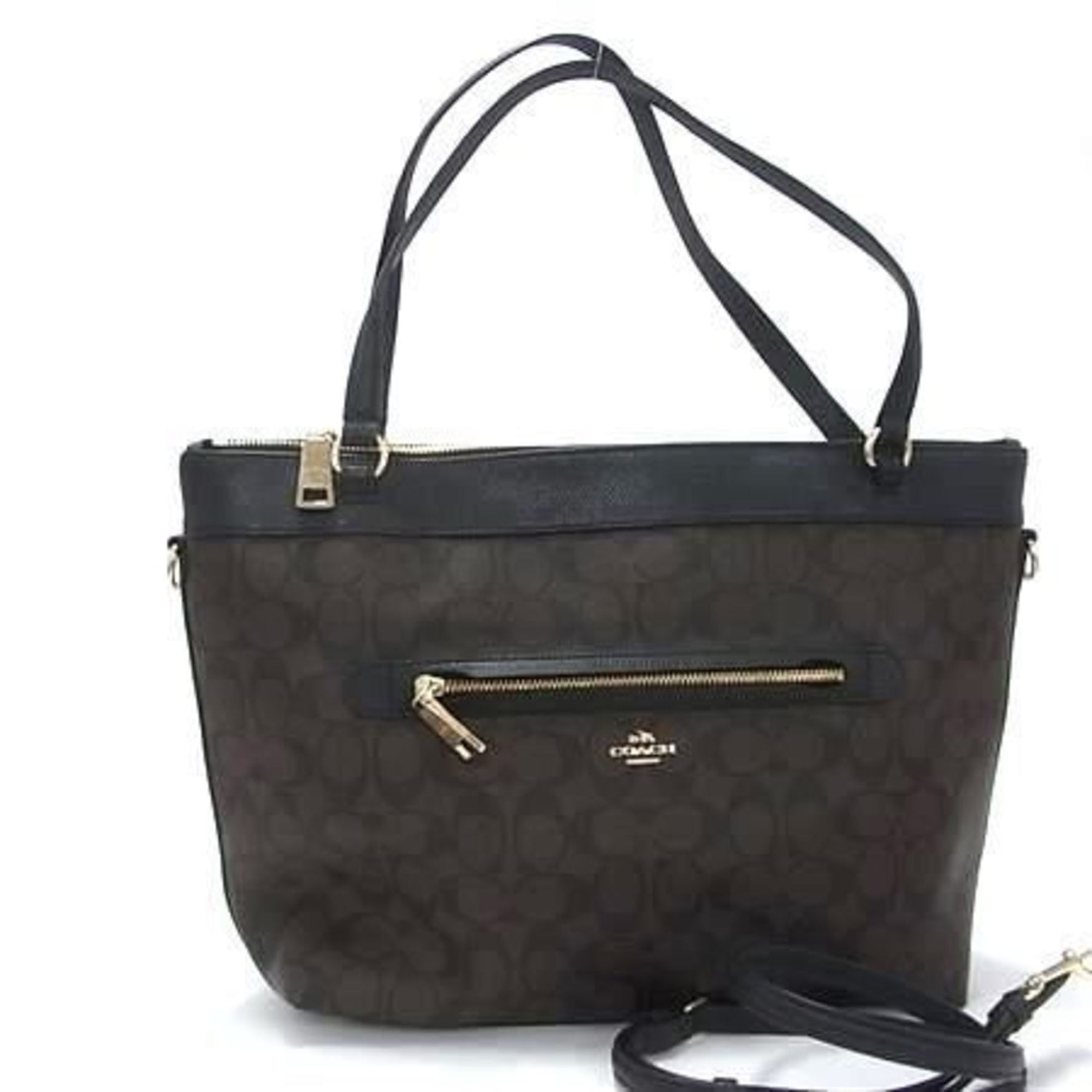 COACH Signature Tote Bag in Brown and Black Leather. Shoulder Bag.