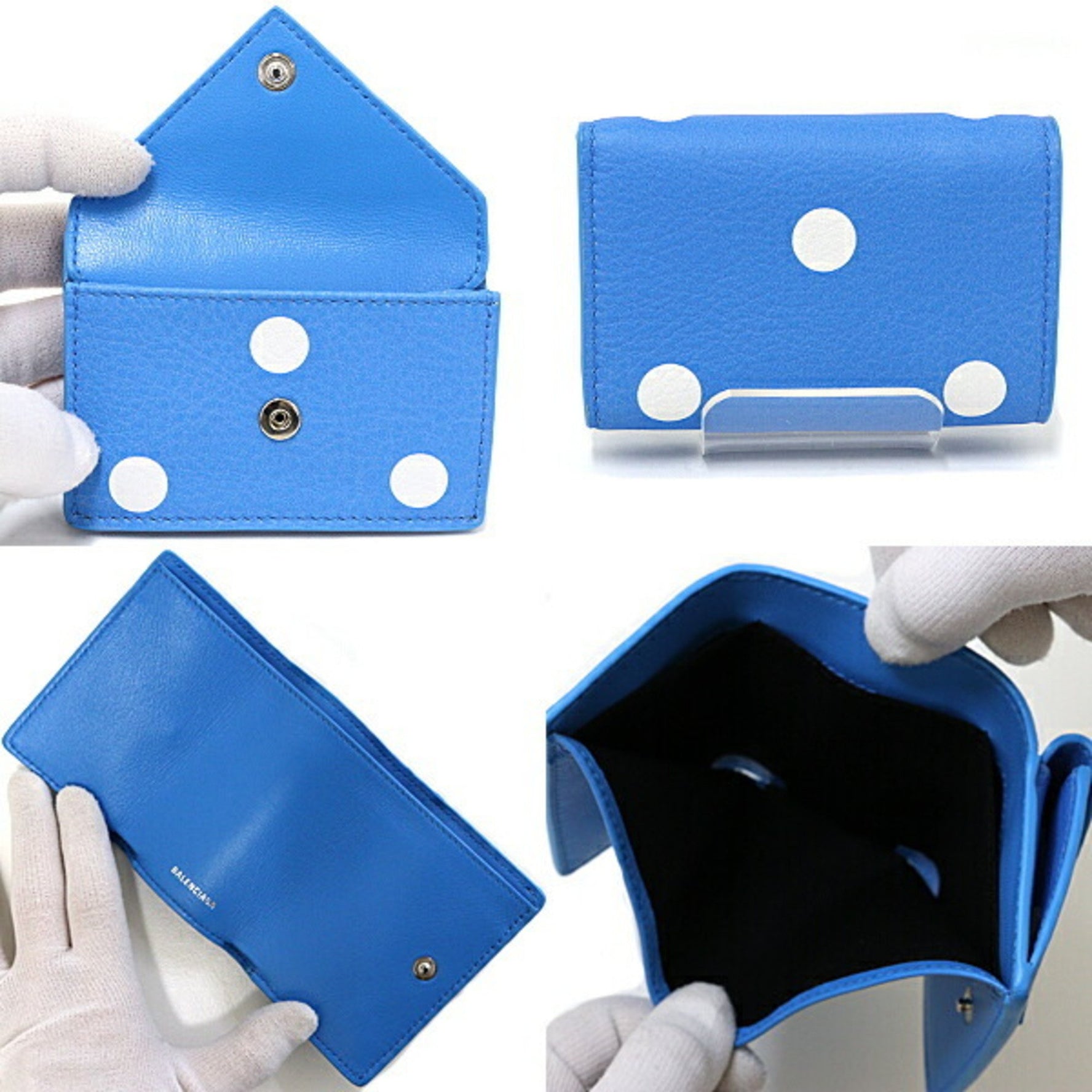 BALENCIAGA Papier Mini Wallet Tri-fold Calfskin Blue White Dots