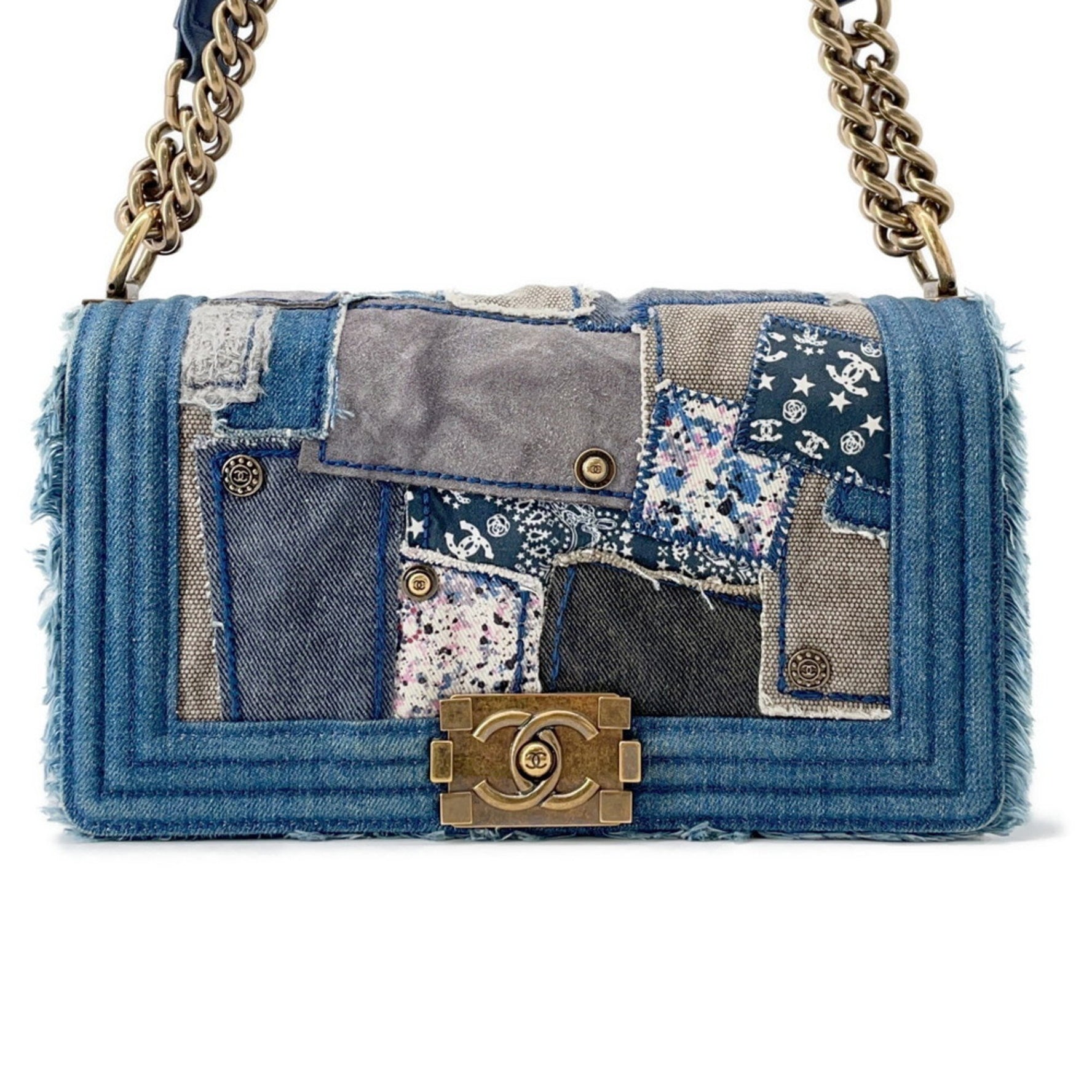 CHANEL BOY Chain Shoulder Bag with Coco Mark and Patchwork Denim