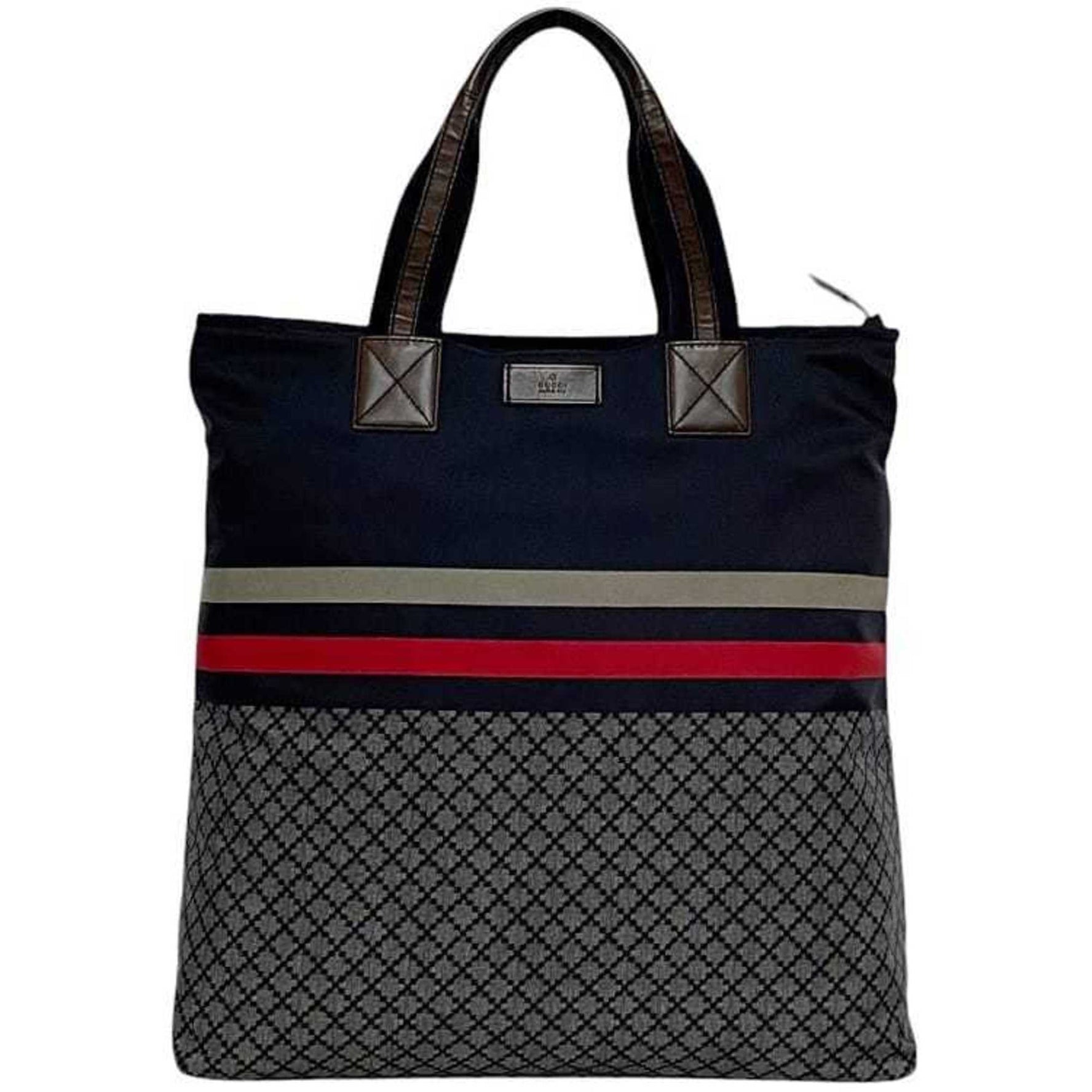 Gucci Tote Bag Diamante Nylon Leather Border Line Blue Men's