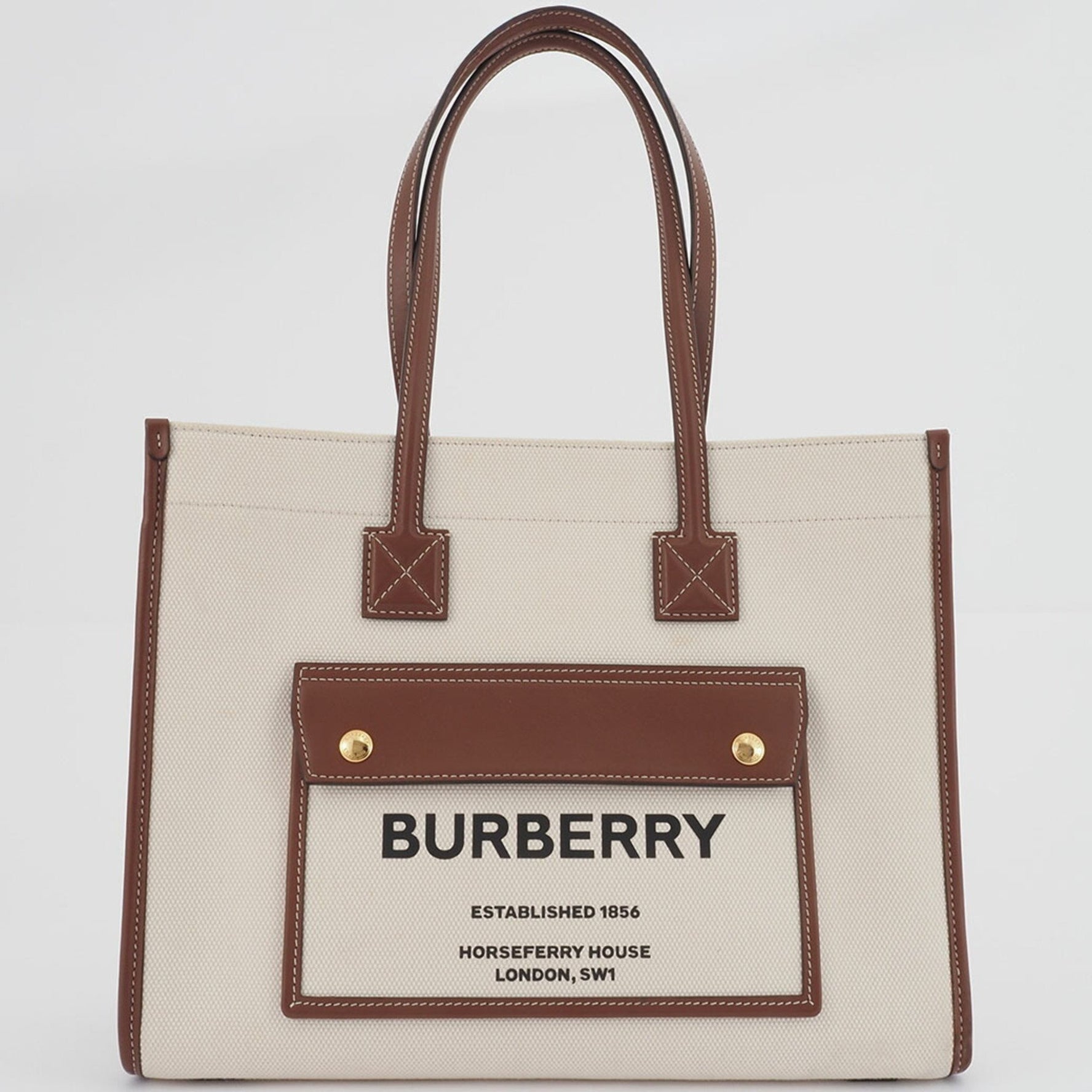 Burberry Small Freya Tote Bag Natural Tan Women's Cotton Calf Leather BURBERRY