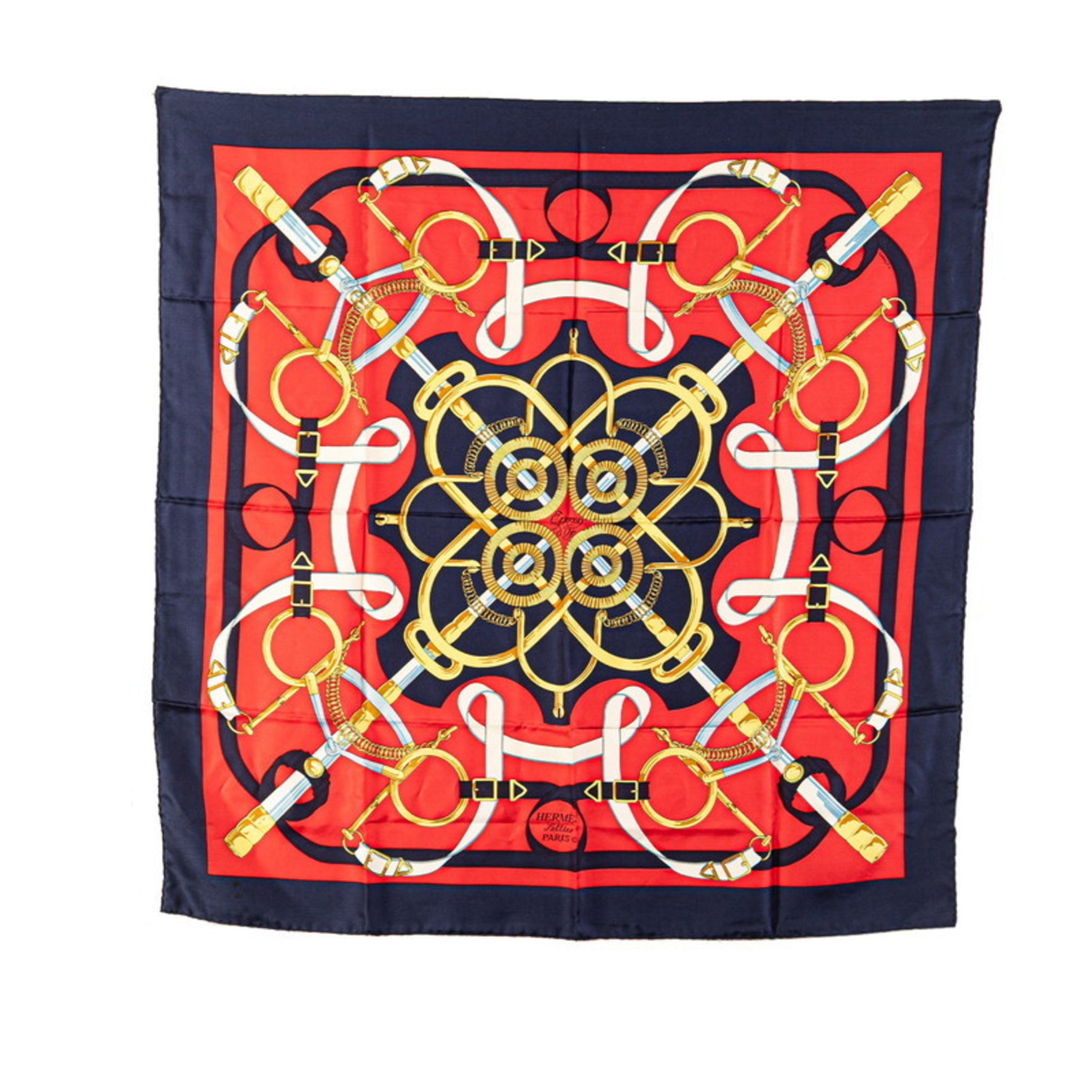 Hermes Hermès Carré 90 Eperon d'or Golden Spur Scarf, Navy and Multicolor Silk