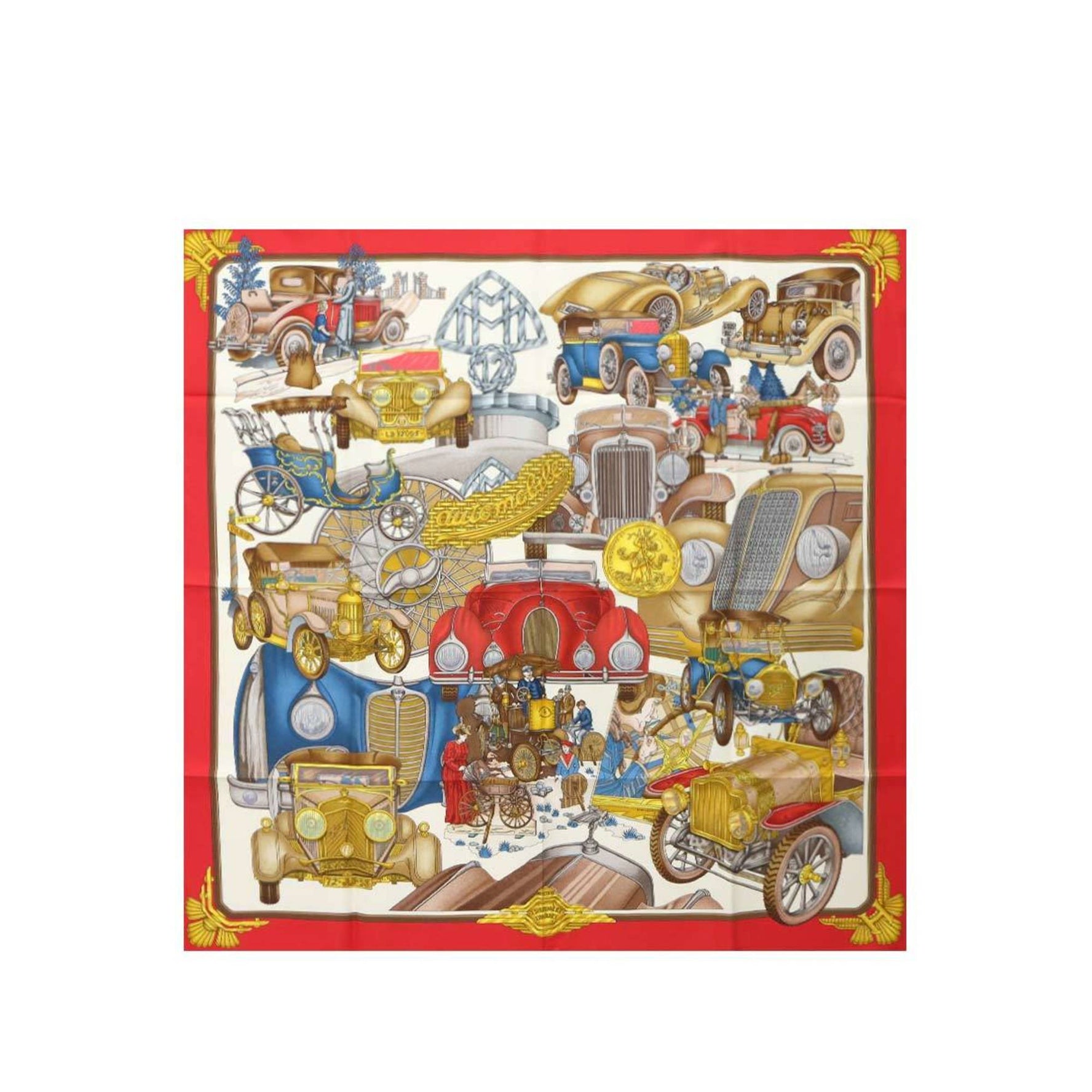 Hermes Hermès Carre 90 Large Scarf "Automobile" 100% Silk Red Multicolor
