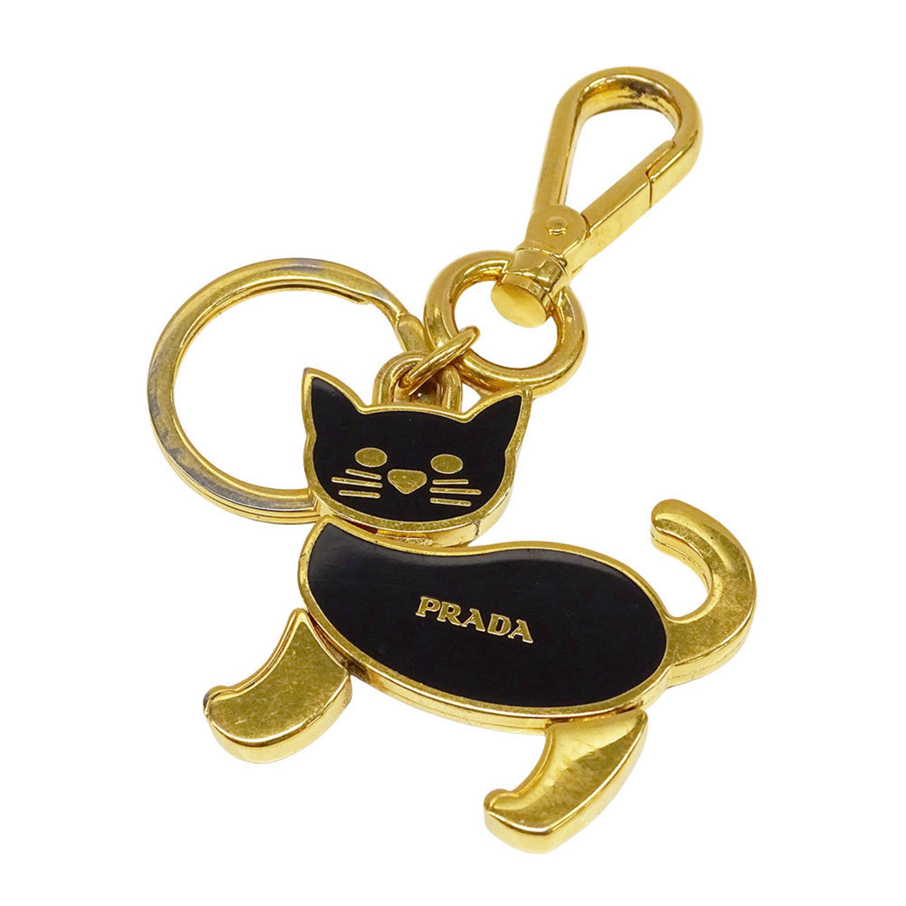 Prada Keychain Brand Metal, Gold Black, Key Charm, Bag Cat Logo