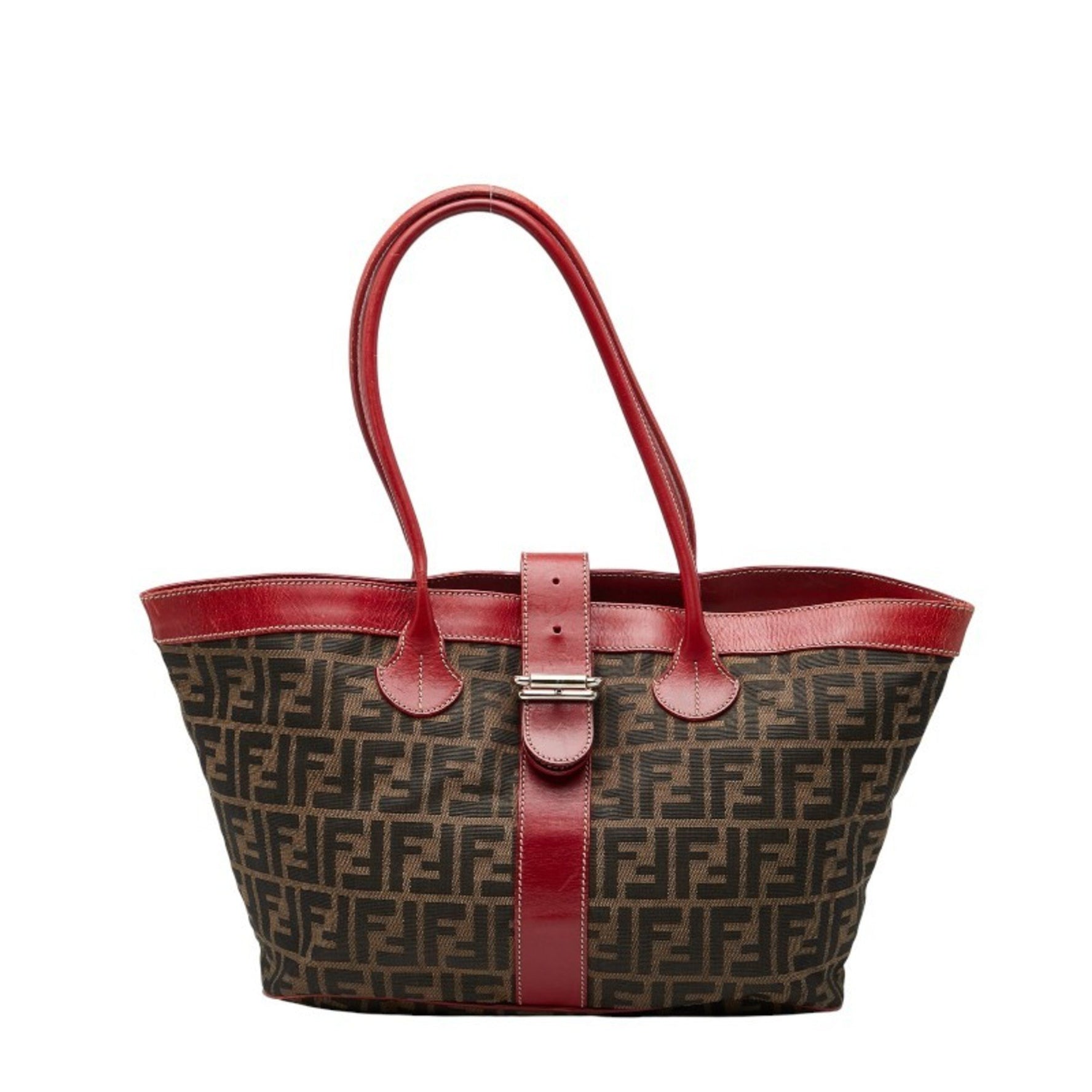 Fendi Zucca Tote Bag Handbag Brown Red Canvas Leather